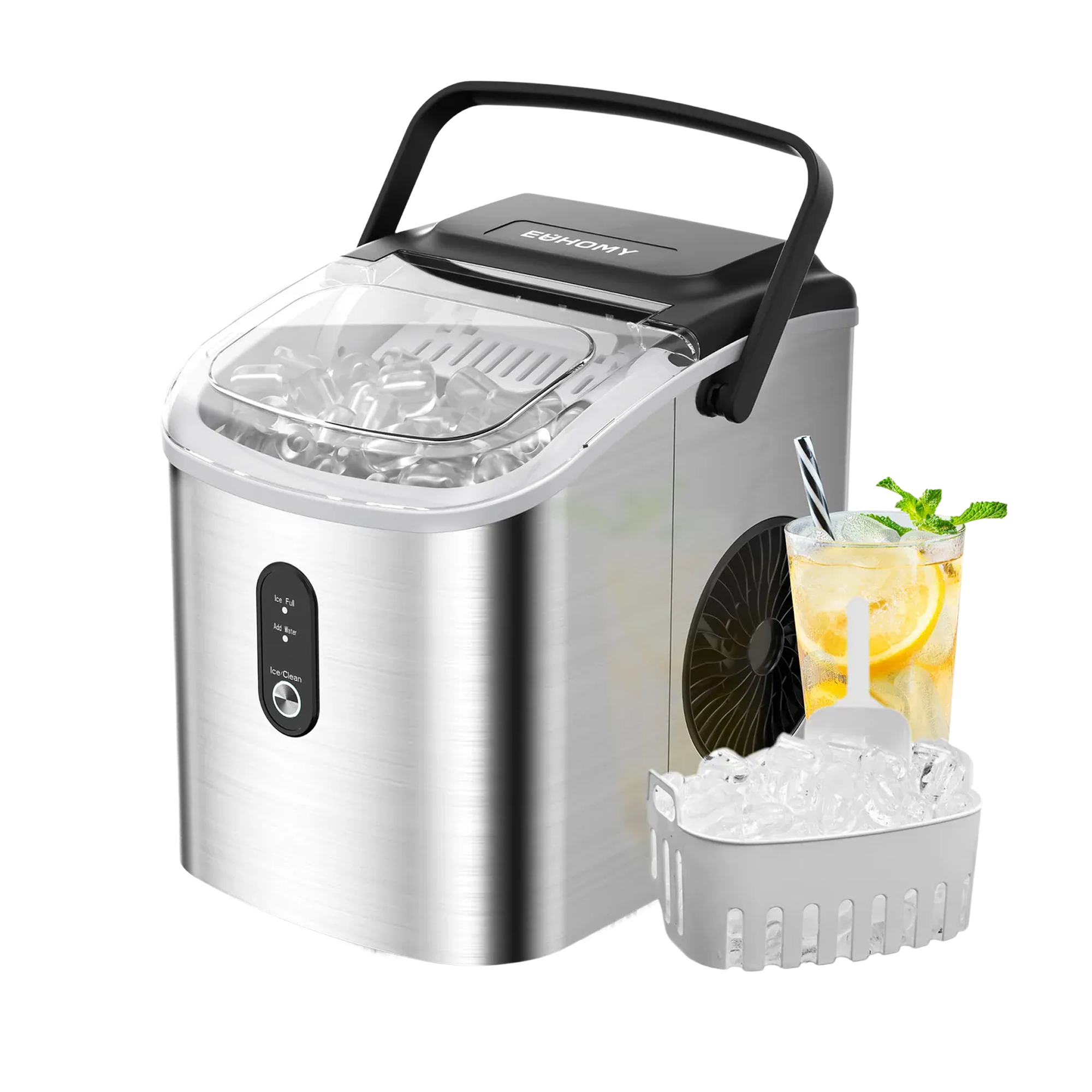 Euhomy Dart H1 silver bullet ice maker with ice scoop and glass of iced drink