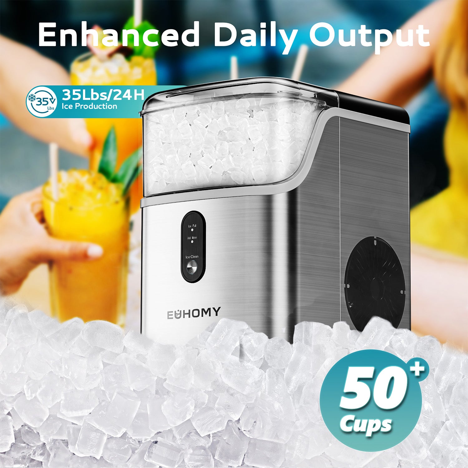 Euhomy Pearl L1 Nugget Ice Maker with "Enhanced Daily Output" text, 35Lbs/24H Ice Production, and "50+ Cups" icon.