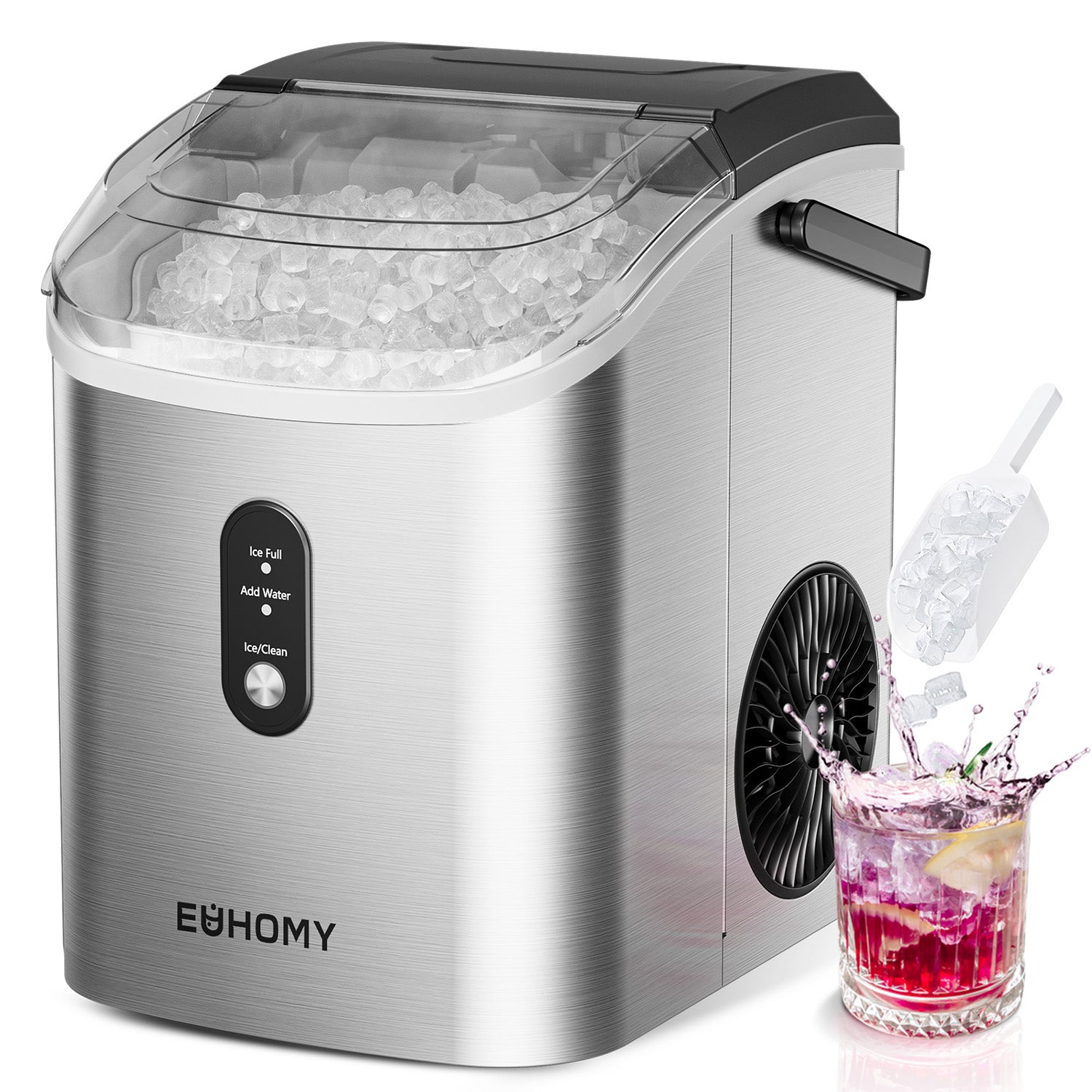 Euhomy Pearl H1 nugget ice maker in brushed silver, filled with ice, with an ice scoop and a splashing drink nearby.