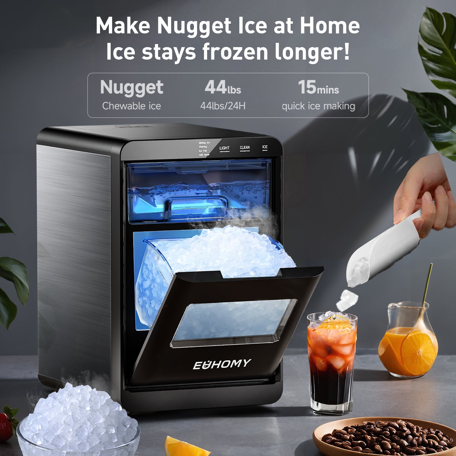 Euhomy Pearl L1 Plus nugget ice maker producing chewable ice, with 44lbs/24H capacity and 15-min quick making time.