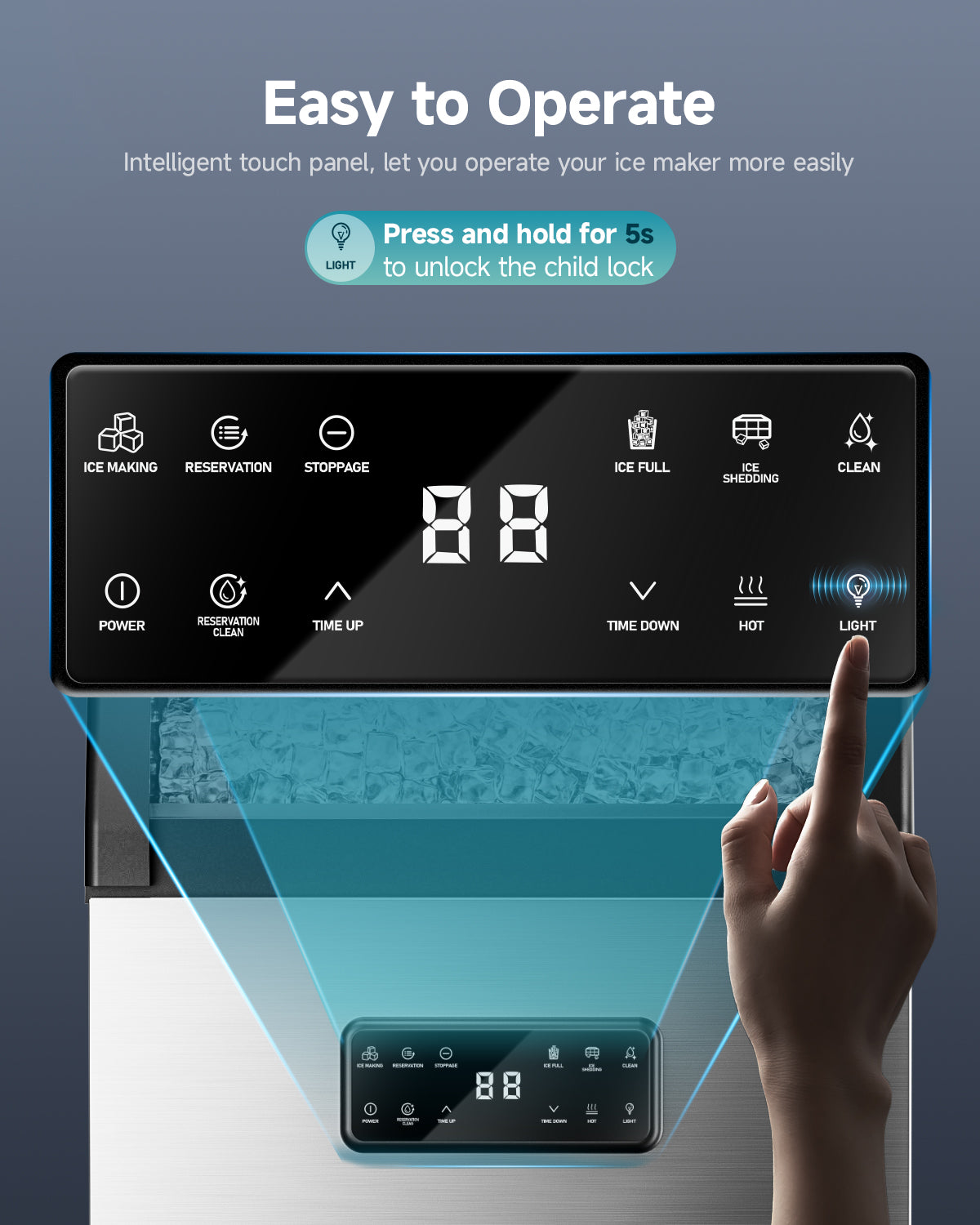 Euhomy ice maker touchscreen panel with hand pressing light button. Shows ice making, cleaning, timer, power controls.
