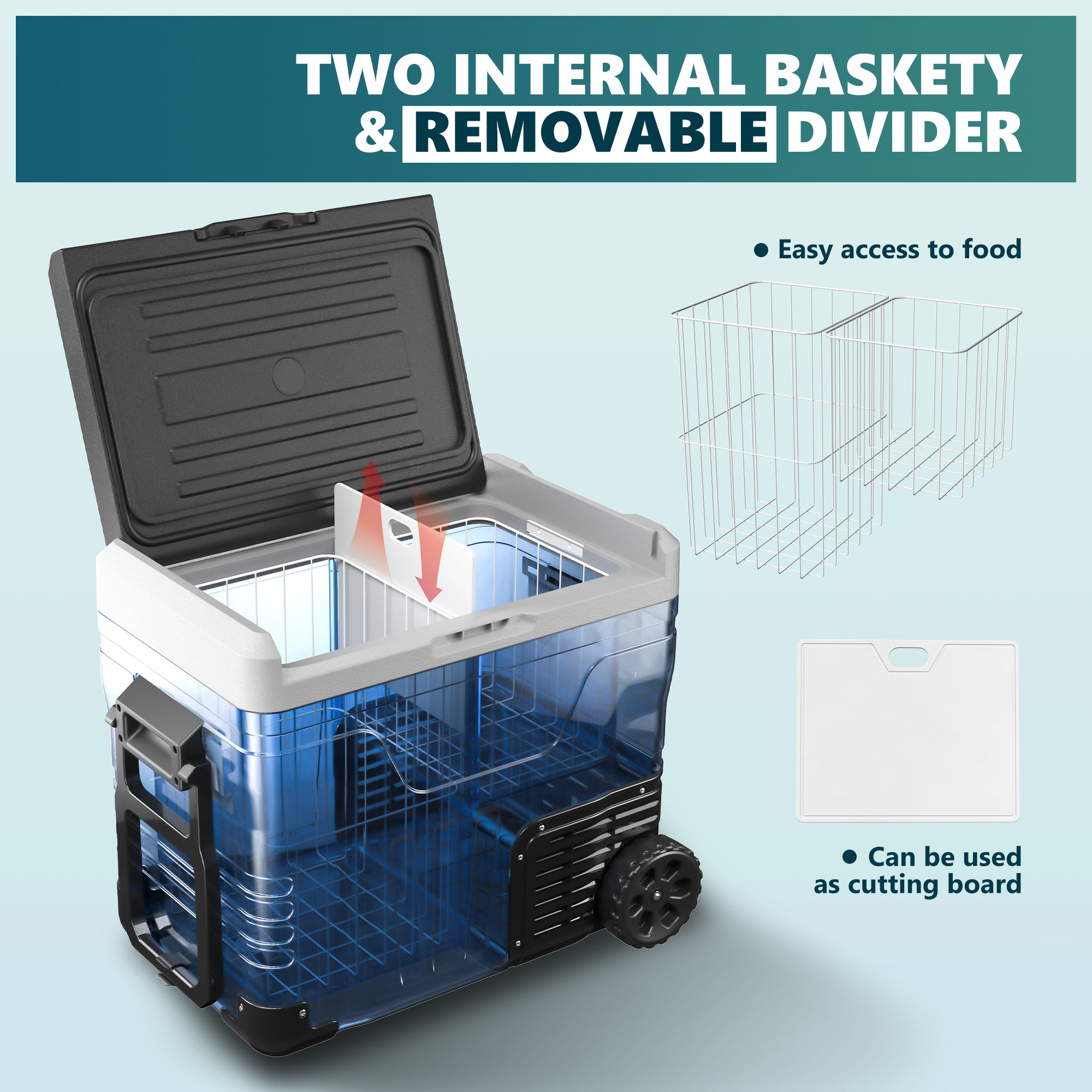 Euhomy 53 Quart portable fridge interior with baskets, divider, and cutting board.