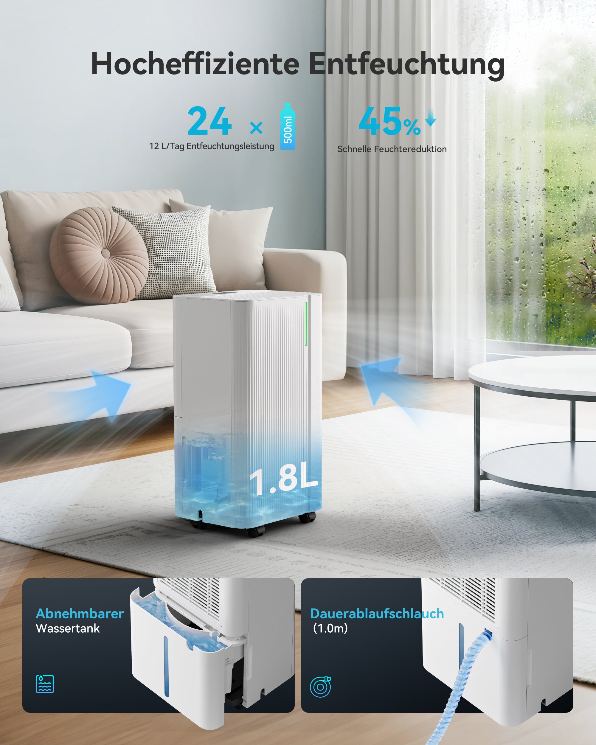 EUHOMY 12L Luftentfeuchter Elektrisch ,Raumentfeuchter Elektrisch für Keller 122m³/25m², Leise & Stromsparende Luftentfeuchter mit Automatisches Abtauen, Ablaufschlauch, Filter, Timer