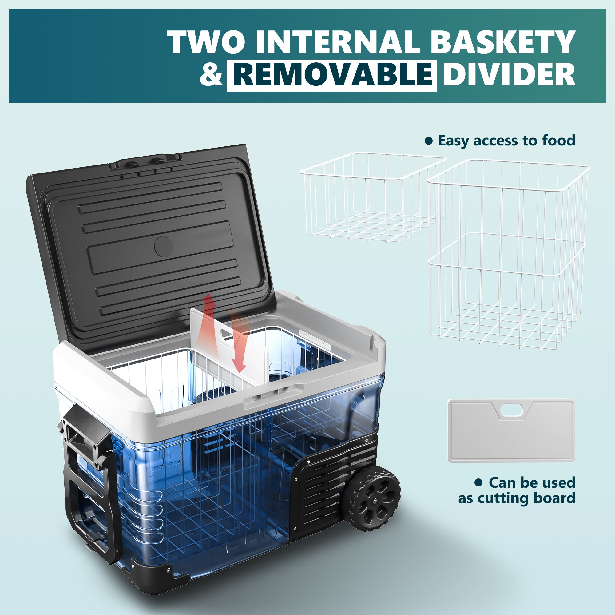 Euhomy 53 Quart portable car refrigerator, lid open, showing internal baskets, removable divider and cutting board accessory.