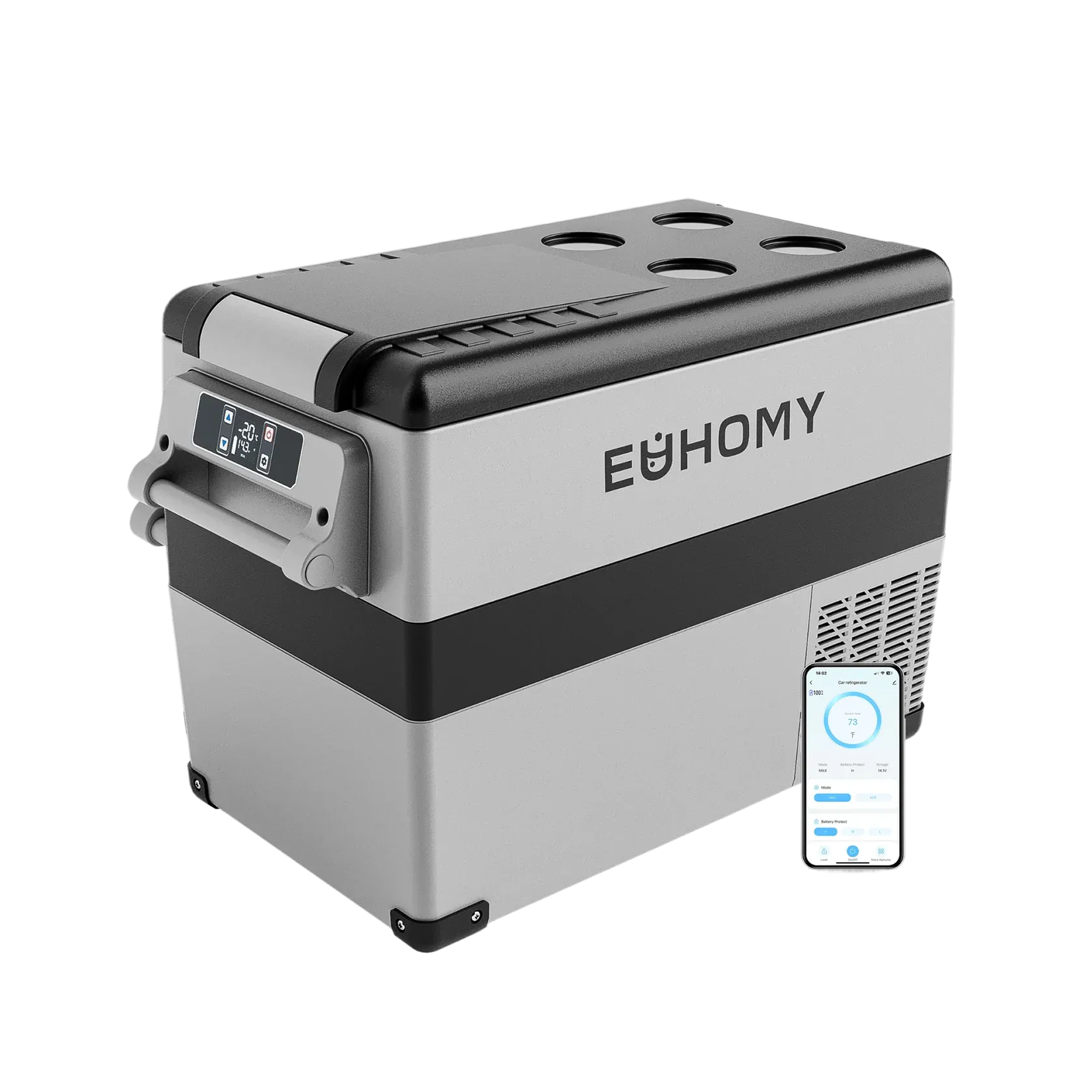 EUHOMY 48-59 Quart portable car refrigerator gray and black with digital display and smartphone app control.