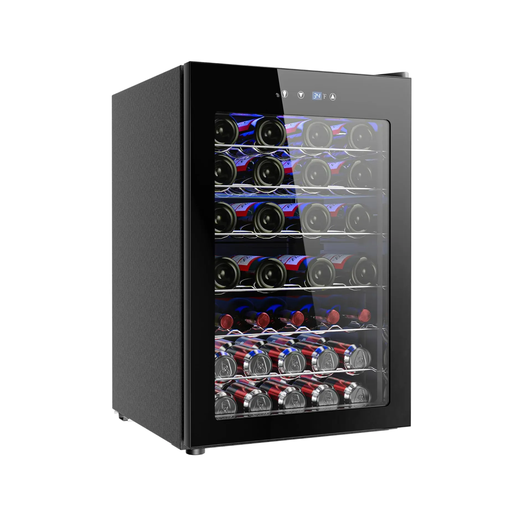 Euhomy Still Max Beverage & Wine Cooler with 34°F display, holding wine bottles and cans with blue interior lighting.