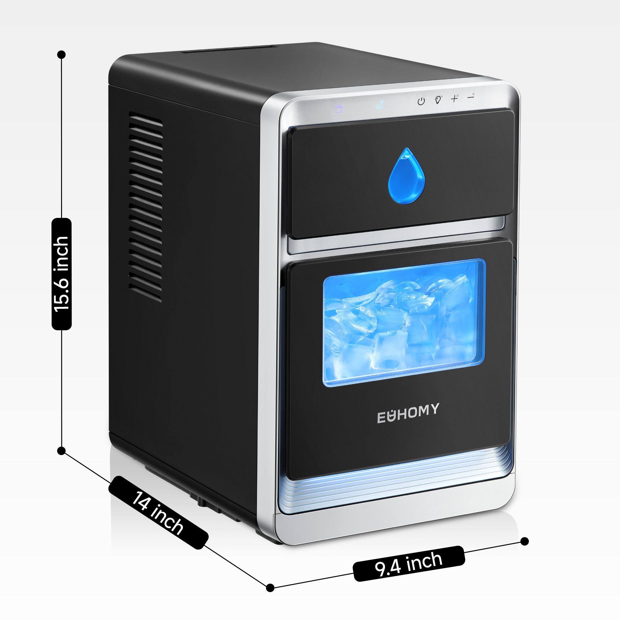Euhomy Luna Pro crescent ice maker, black countertop unit with 15.6-inch height and 14-inch depth