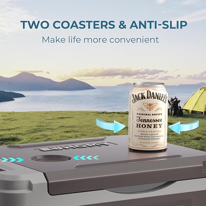 EUHOMY 10L portable car refrigerator in brown and gray, showcasing anti-slip coasters for outdoor camping stability.