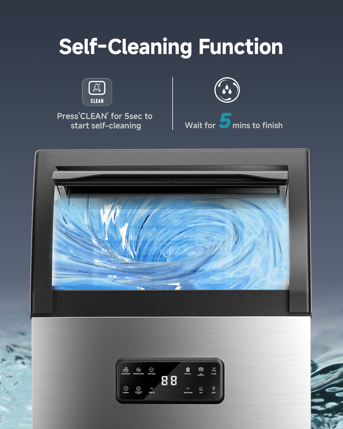 Euhomy stainless steel ice maker touchscreen showing self-cleaning function, press CLEAN for 5 seconds.