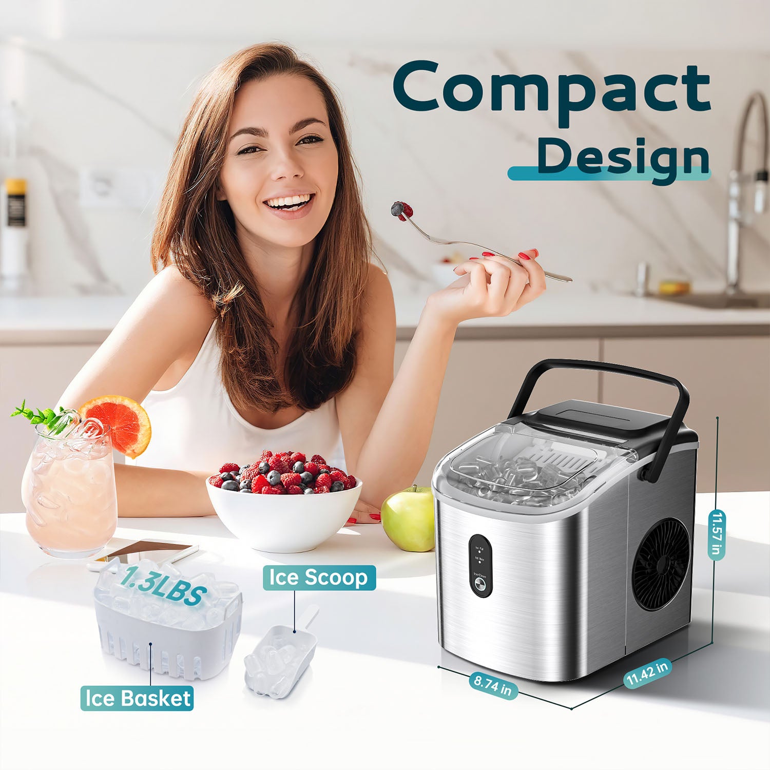 Euhomy Dart H1 silver bullet ice maker with compact design, ice basket, scoop, and berries.