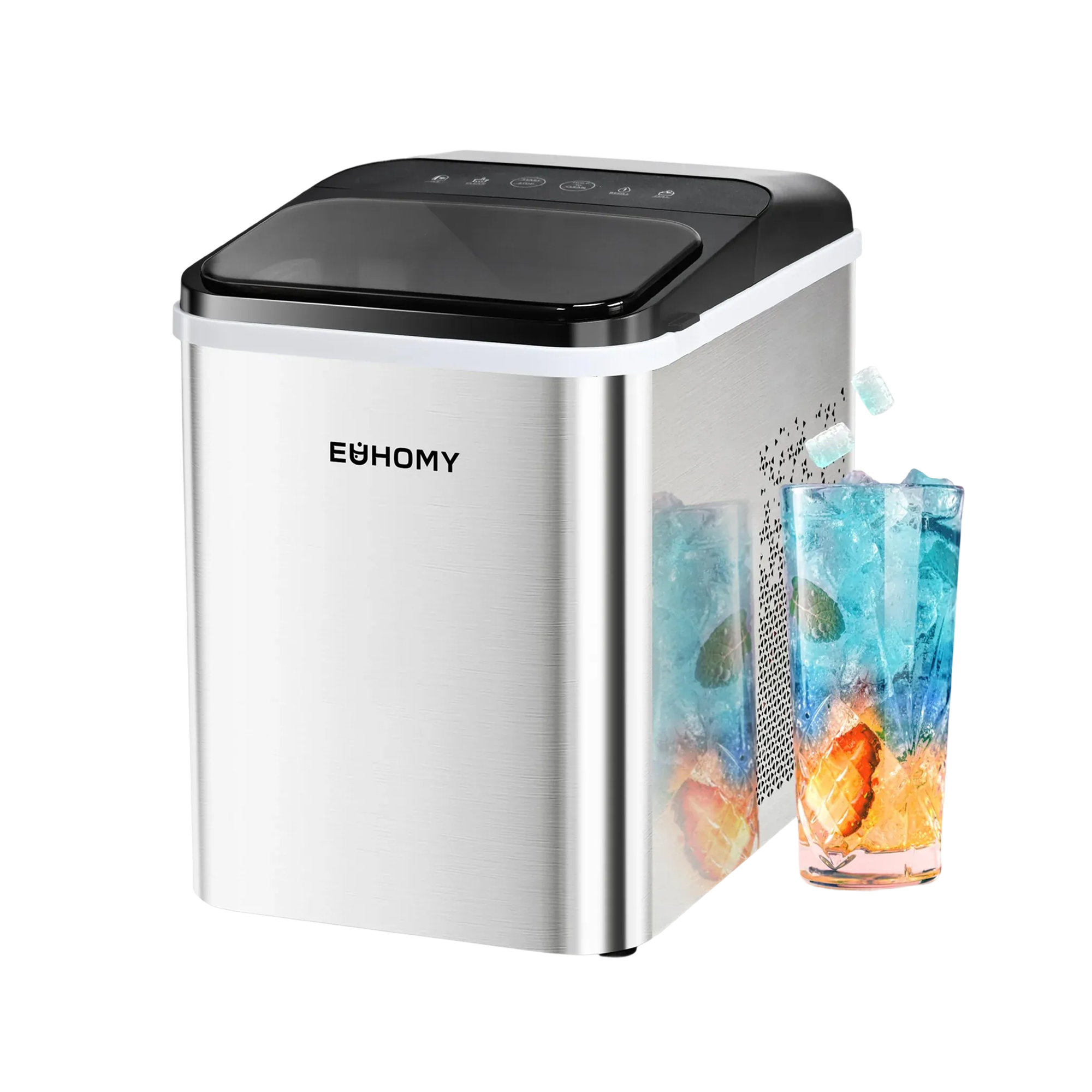 Euhomy Pearl U1 Nugget Ice Maker with ice-filled blue drinks.
