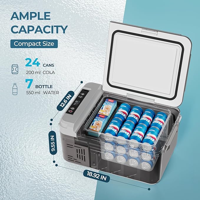 EUHOMY 10L portable fridge, brown & gray, capacity for 24 cans & 7 bottles. Dimensions: 18.92"Lx12.6"Wx9.55"H.