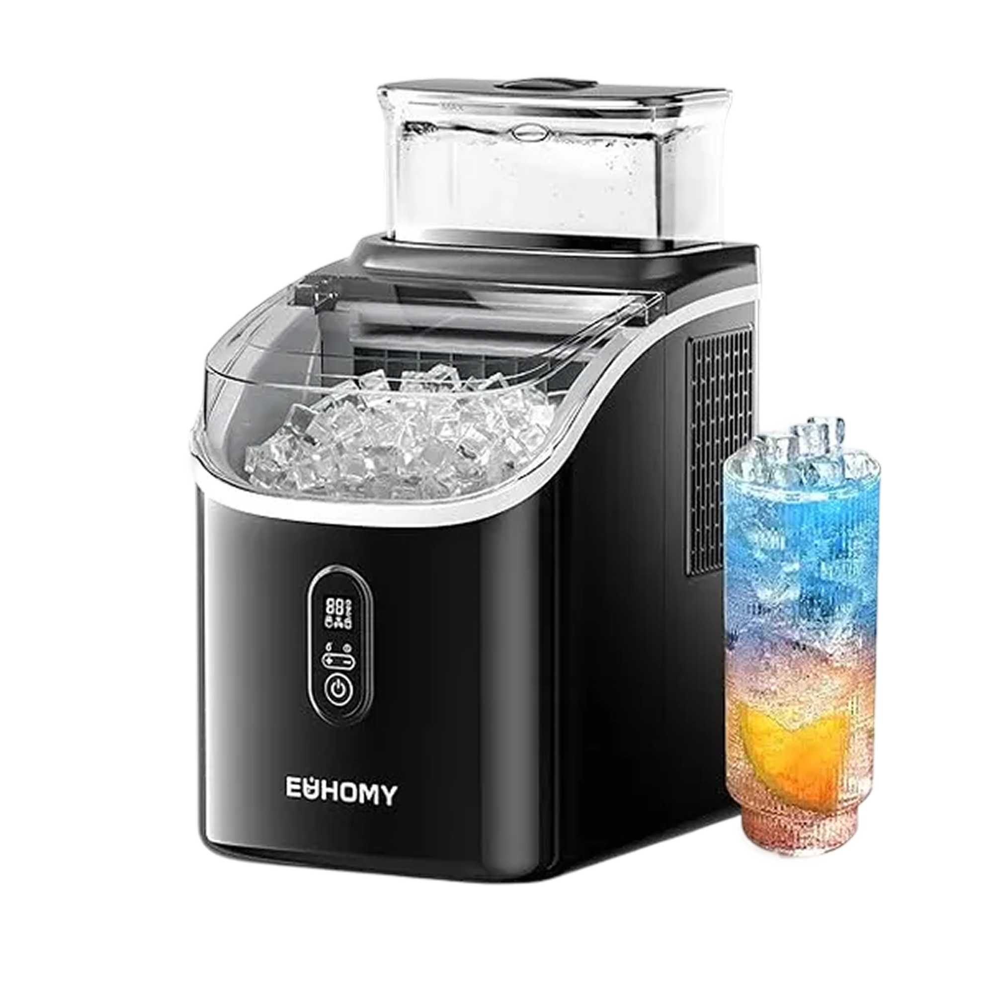 Euhomy Tile SE black portable ice maker with digital display, full ice bin, and a glass with ice-filled beverage.