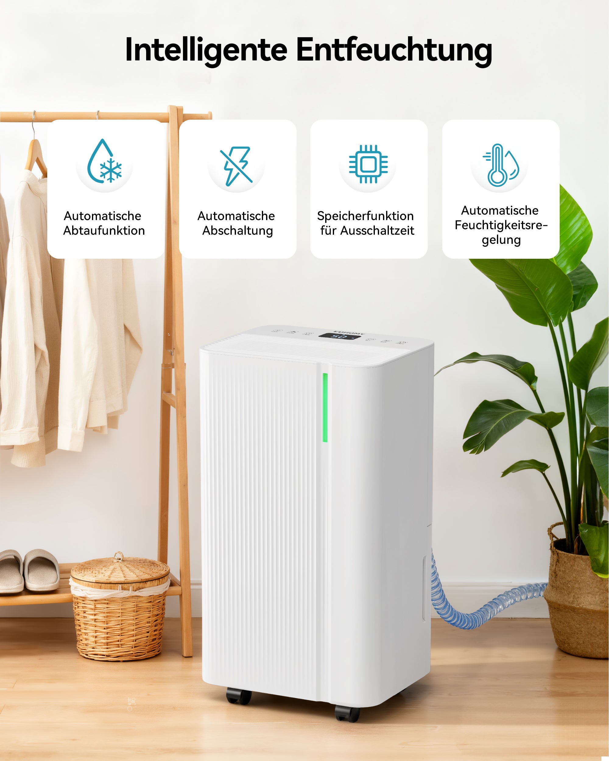 EUHOMY 12L Luftentfeuchter Elektrisch ,Raumentfeuchter Elektrisch für Keller 122m³/25m², Leise & Stromsparende Luftentfeuchter mit Automatisches Abtauen, Ablaufschlauch, Filter, Timer