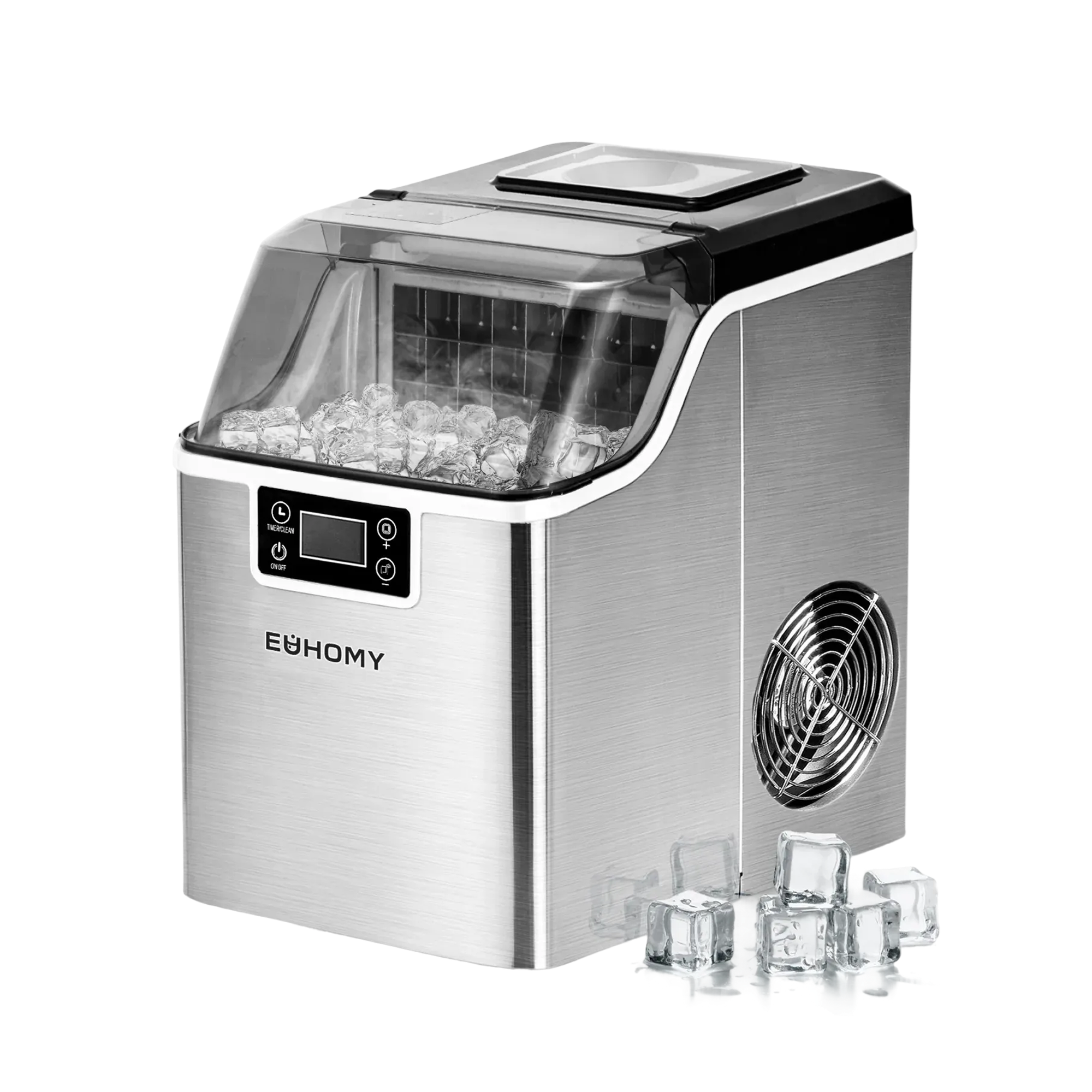 Euhomy Tile Plus cube ice maker, stainless steel finish, with control panel and ice cubes.