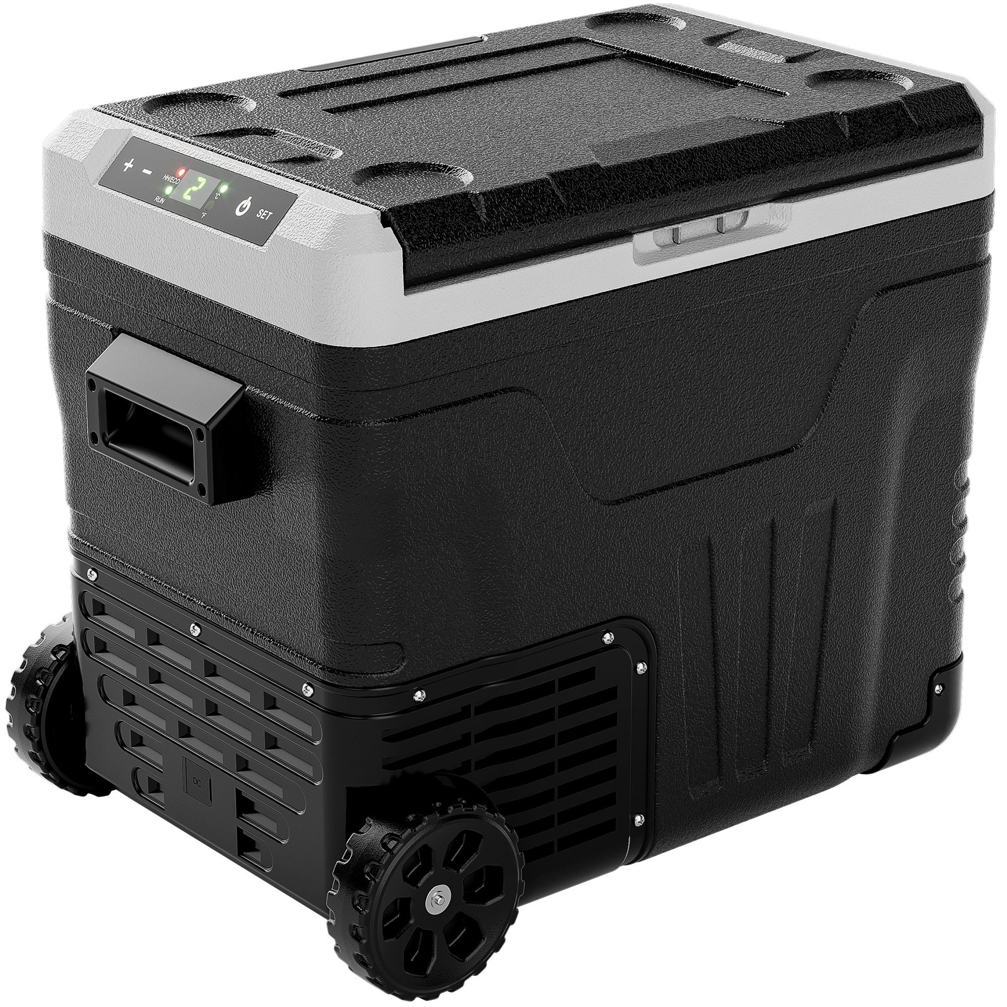 Black Euhomy 53 Quart 12V portable refrigerator with wheels and digital display for outdoor adventures.