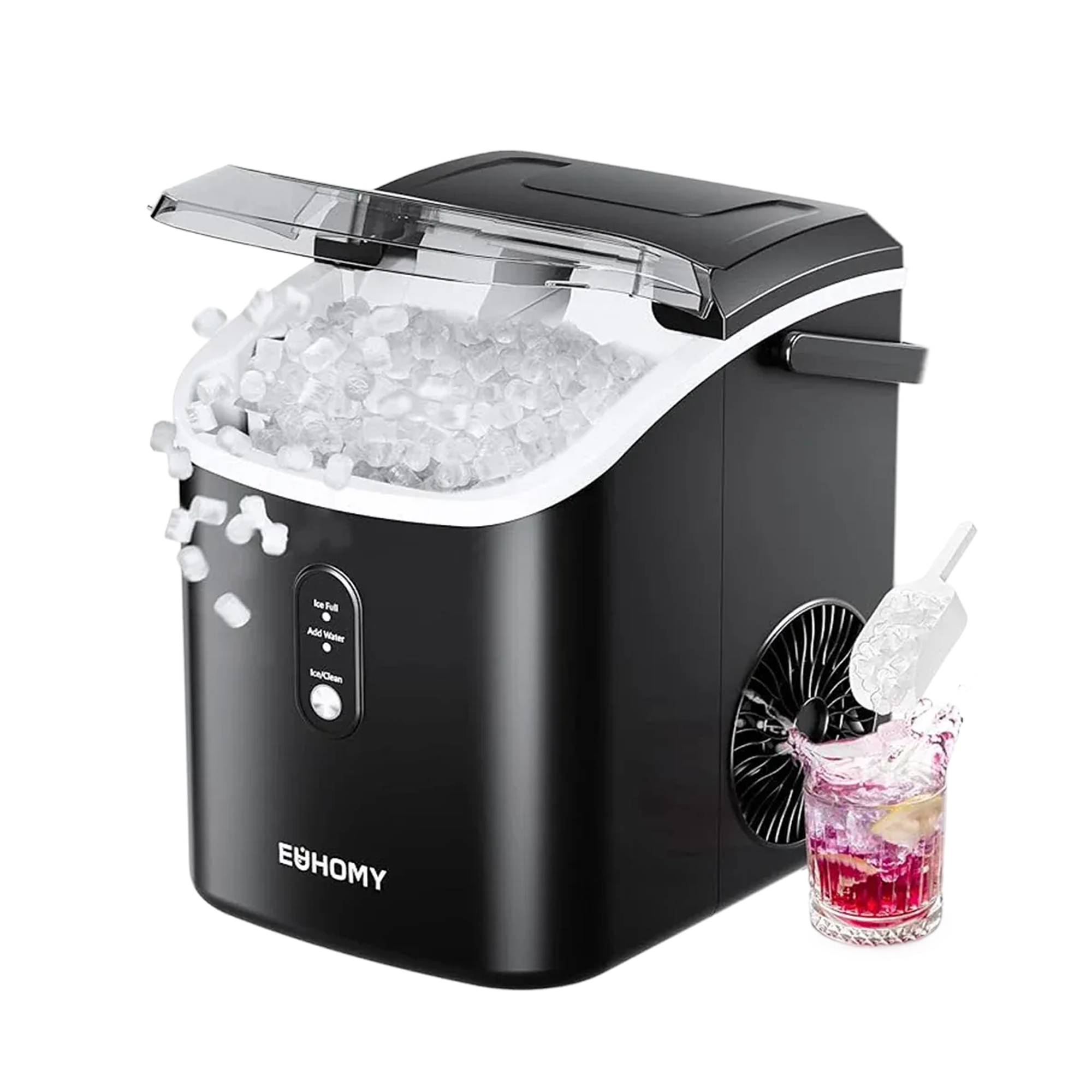 Euhomy Pearl H1 Nugget Ice Maker in black, with ice bin full and ice falling into a drink.