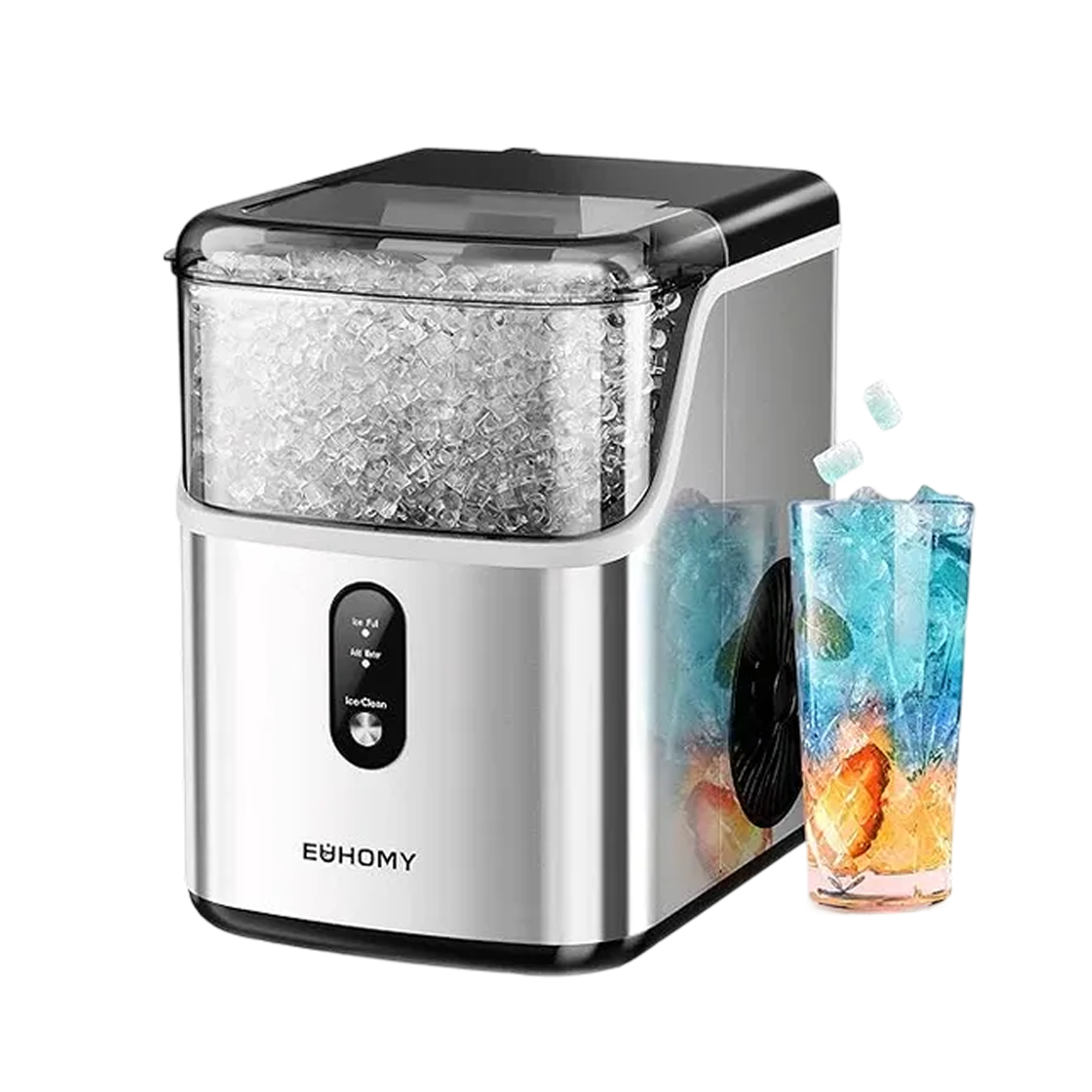 Euhomy Pearl L1 nugget ice maker with a glass of iced drink