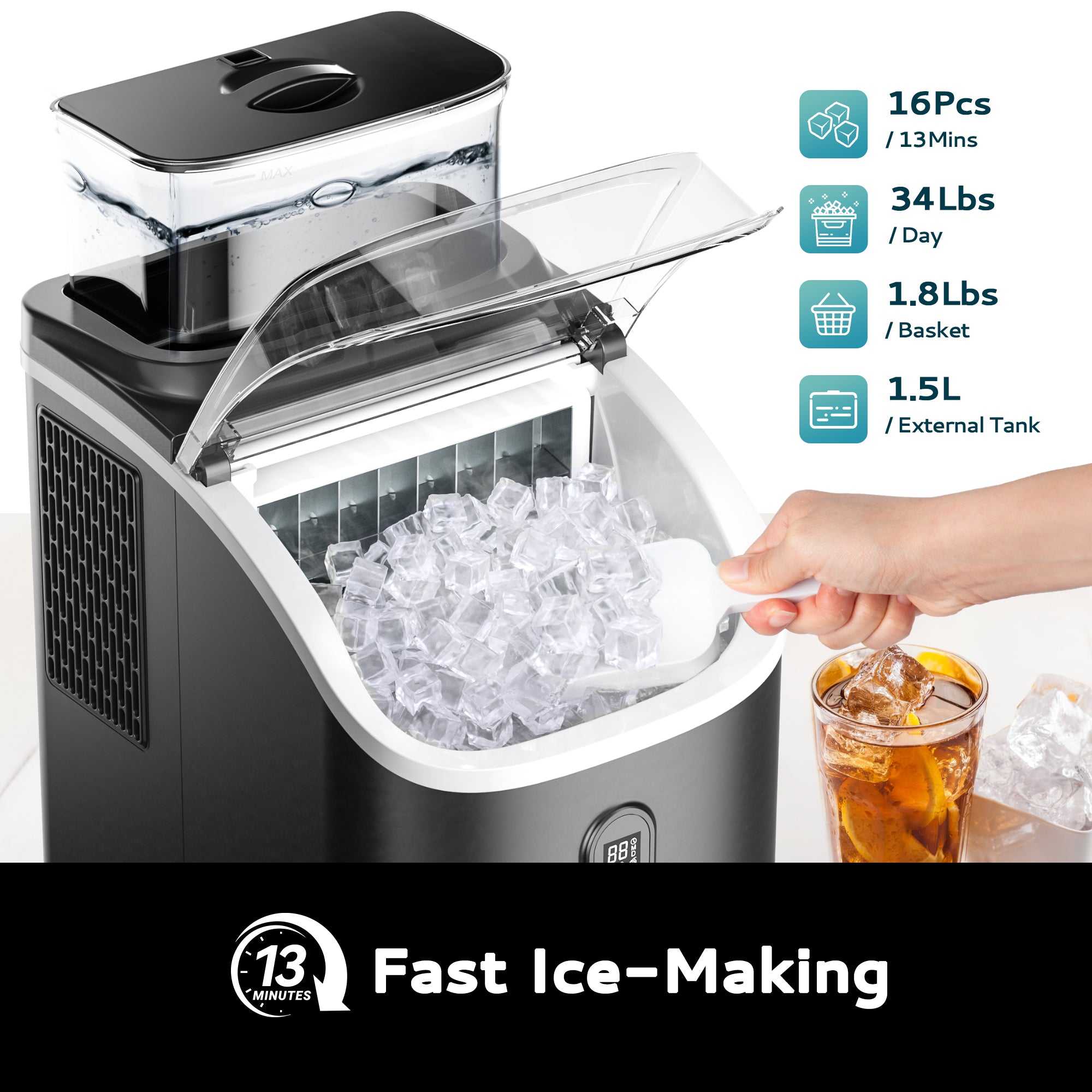 Euhomy ice maker: 16 cubes/13 mins, 34 lbs/day, 1.8 lb basket, 1.5L tank. Fast ice-making.