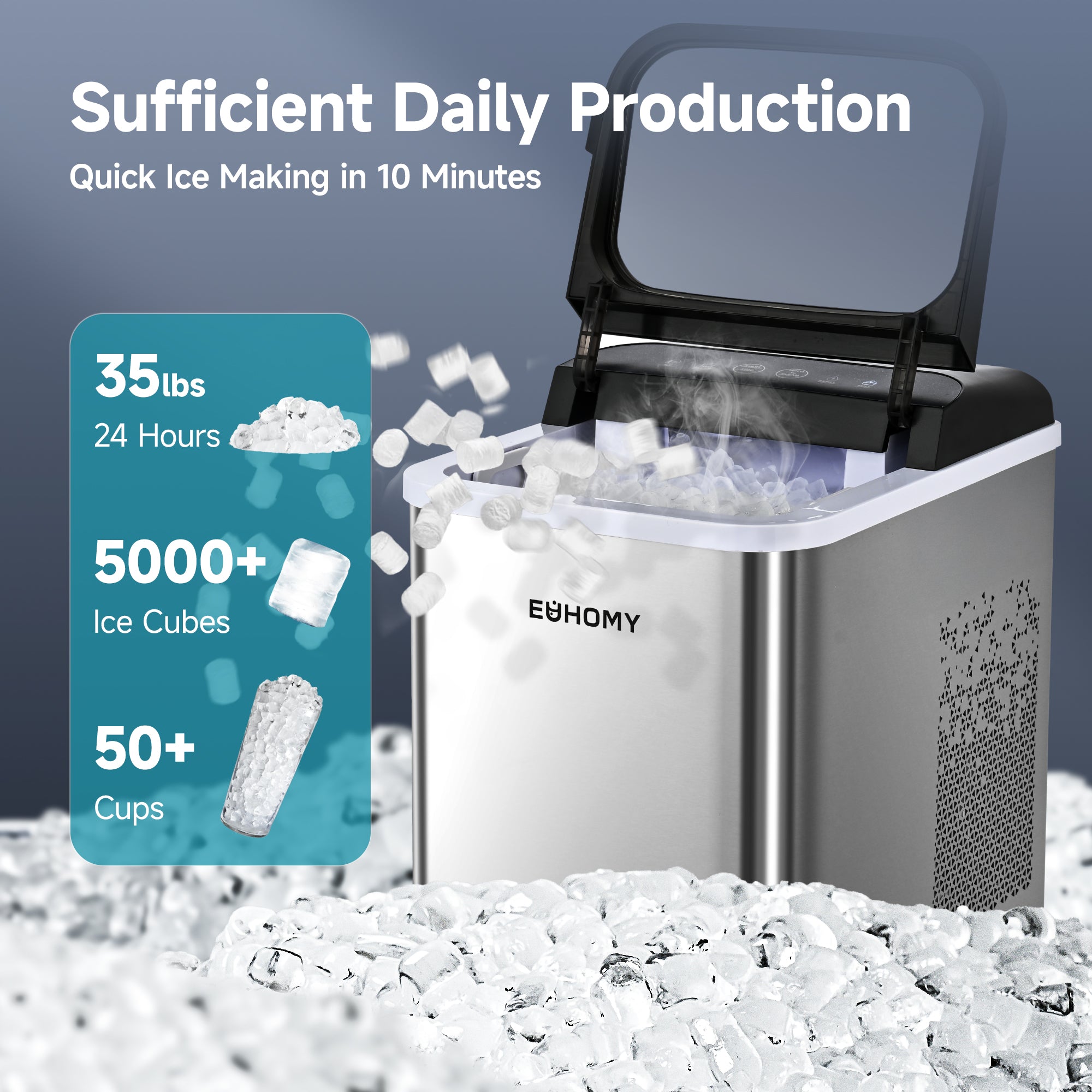 Euhomy U1 Nugget Ice Maker: 35 lbs/24hr, 5000+ cubes, 50+ cups. Quick ice in 10 min.