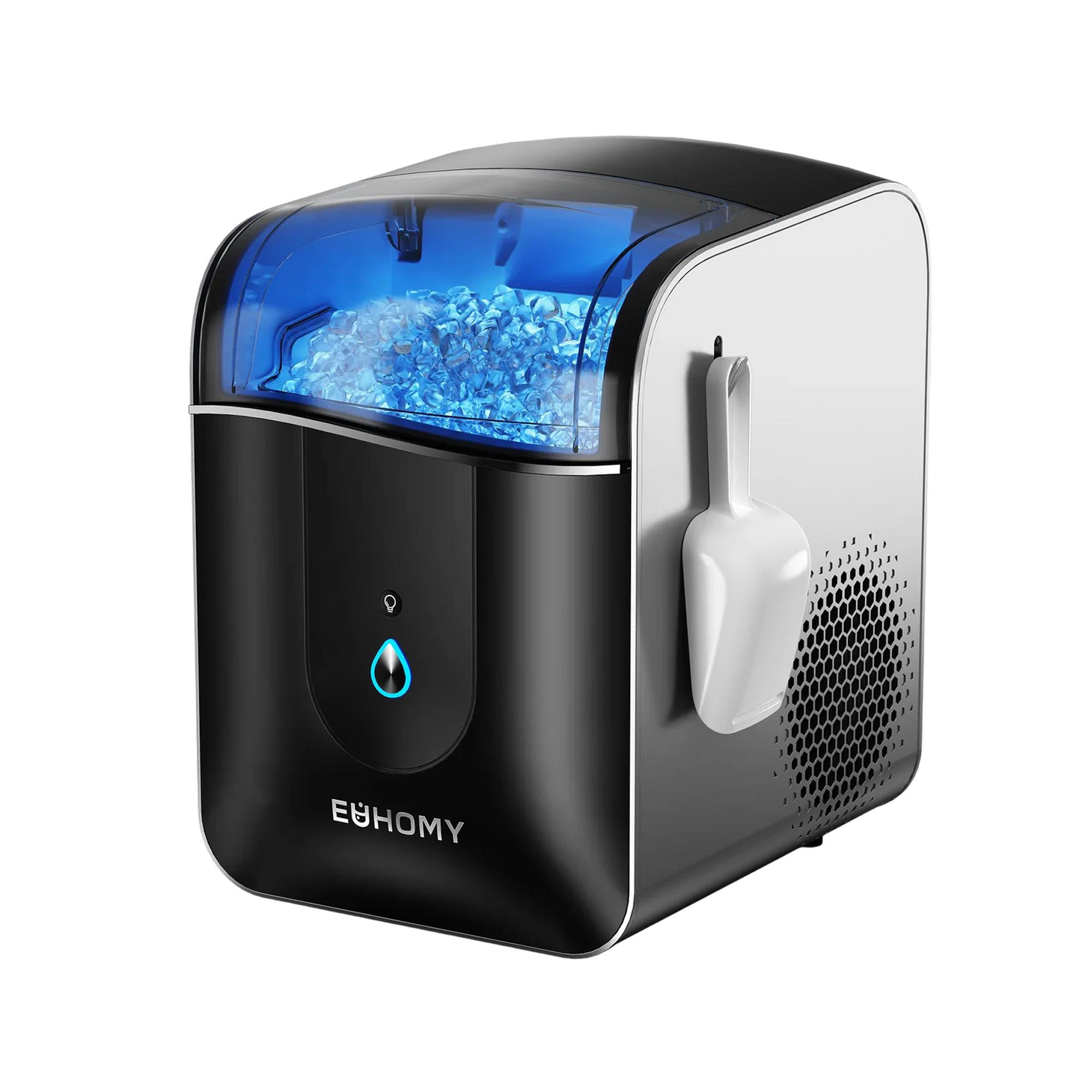 Euhomy Pearl L1 Pro nugget ice maker with ice scoop and illuminated water droplet icon.