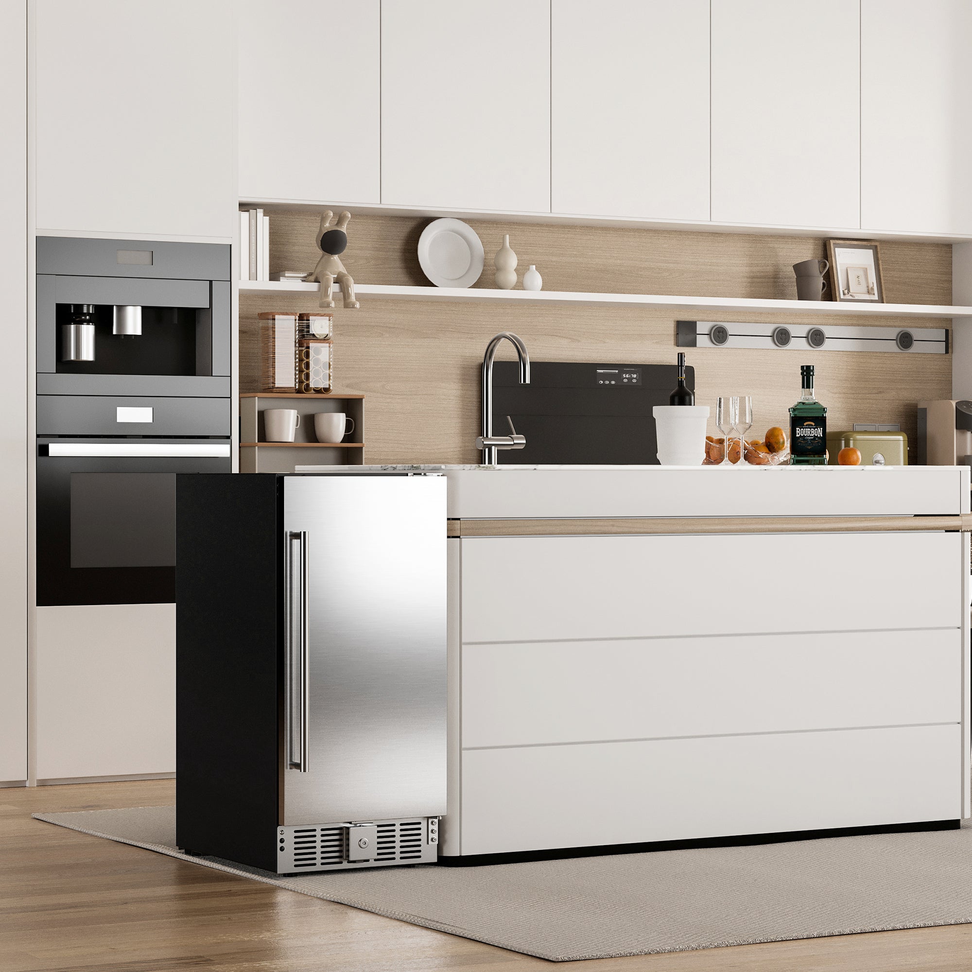 Euhomy 15 inch beverage refrigerator under counter with stainless steel door, shown in a modern kitchen setting.