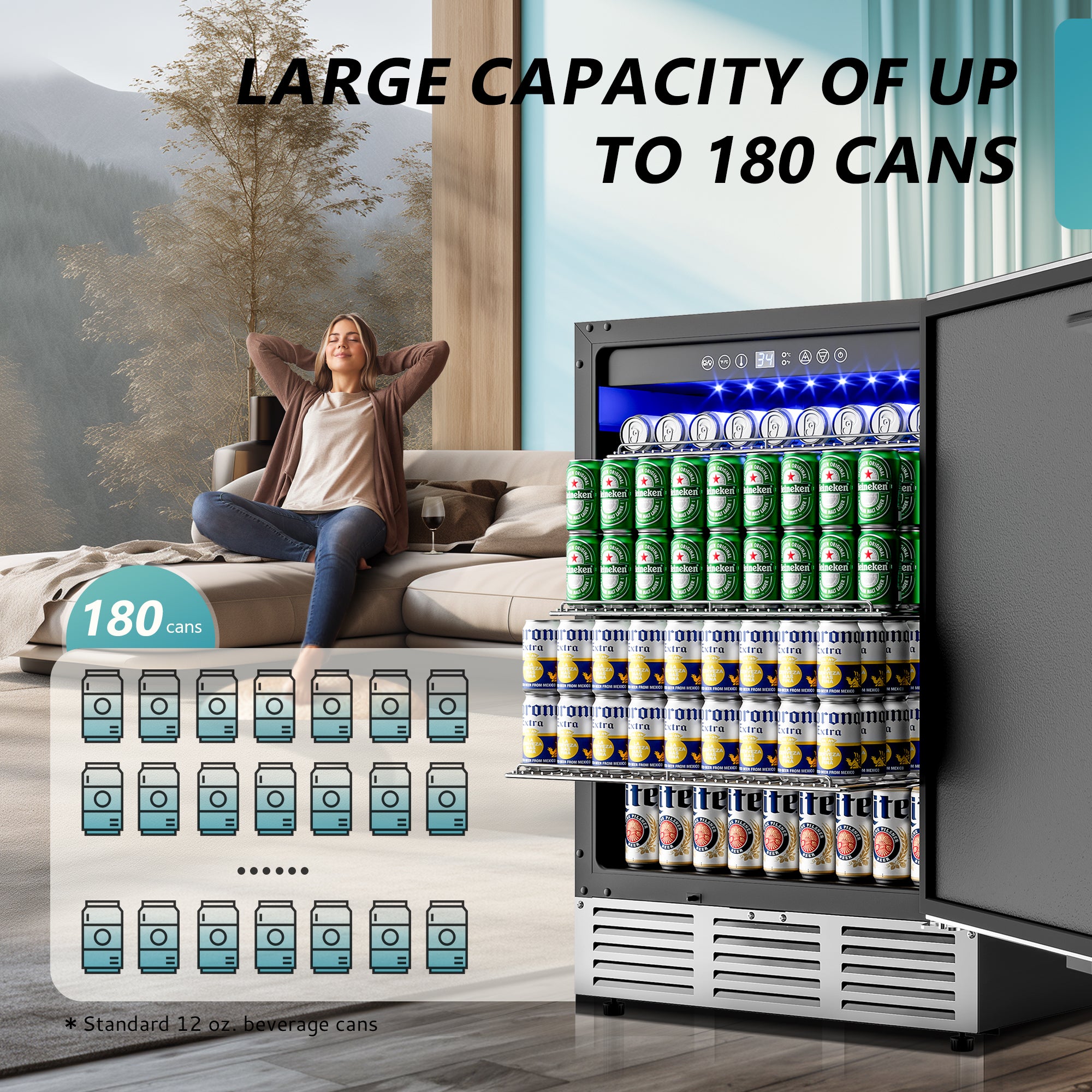 EUHOMY 24-inch beverage fridge, 180-can capacity, stainless steel door, LED interior lights, lifestyle shot.