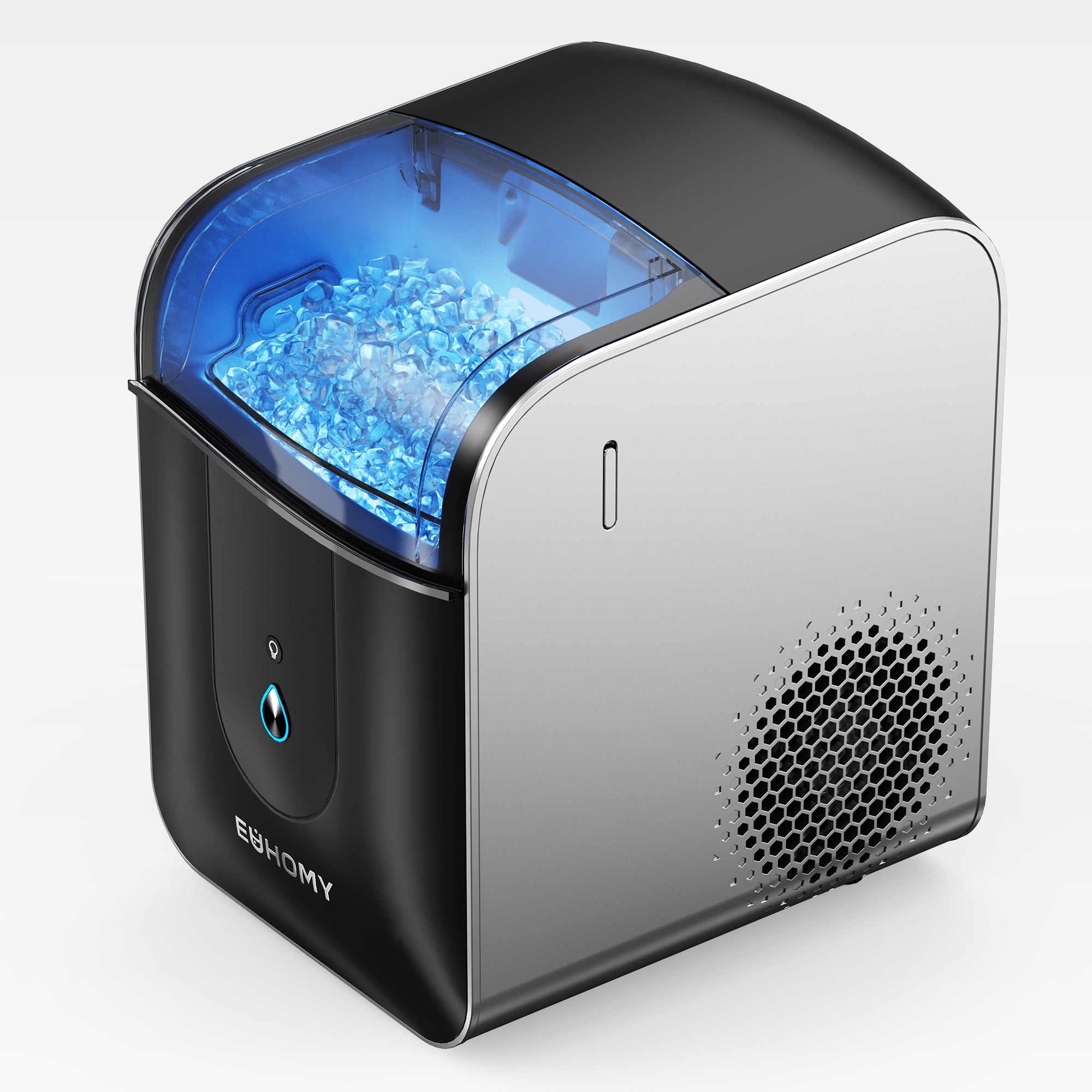 Euhomy Pearl L1 Pro nugget ice maker, black/silver, clear ice bin with blue light and nugget ice.