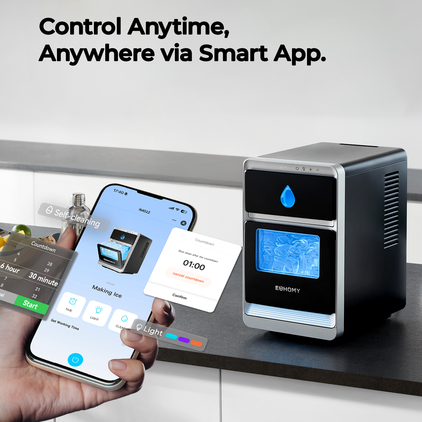 Euhomy Luna Pro ice maker with smart app control and touch display