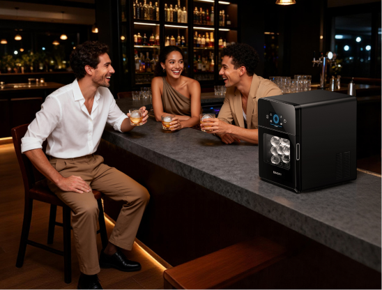 Three friends chatting and enjoying cocktails with spherical ice next to a countertop ice maker at a bar.