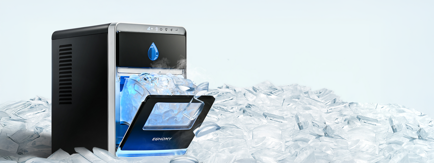 Euhomy ice maker continuously producing a steady stream of fresh ice cubes.
