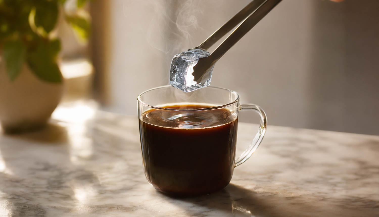 borosilicate glass mug hot coffee adding ice cube safely