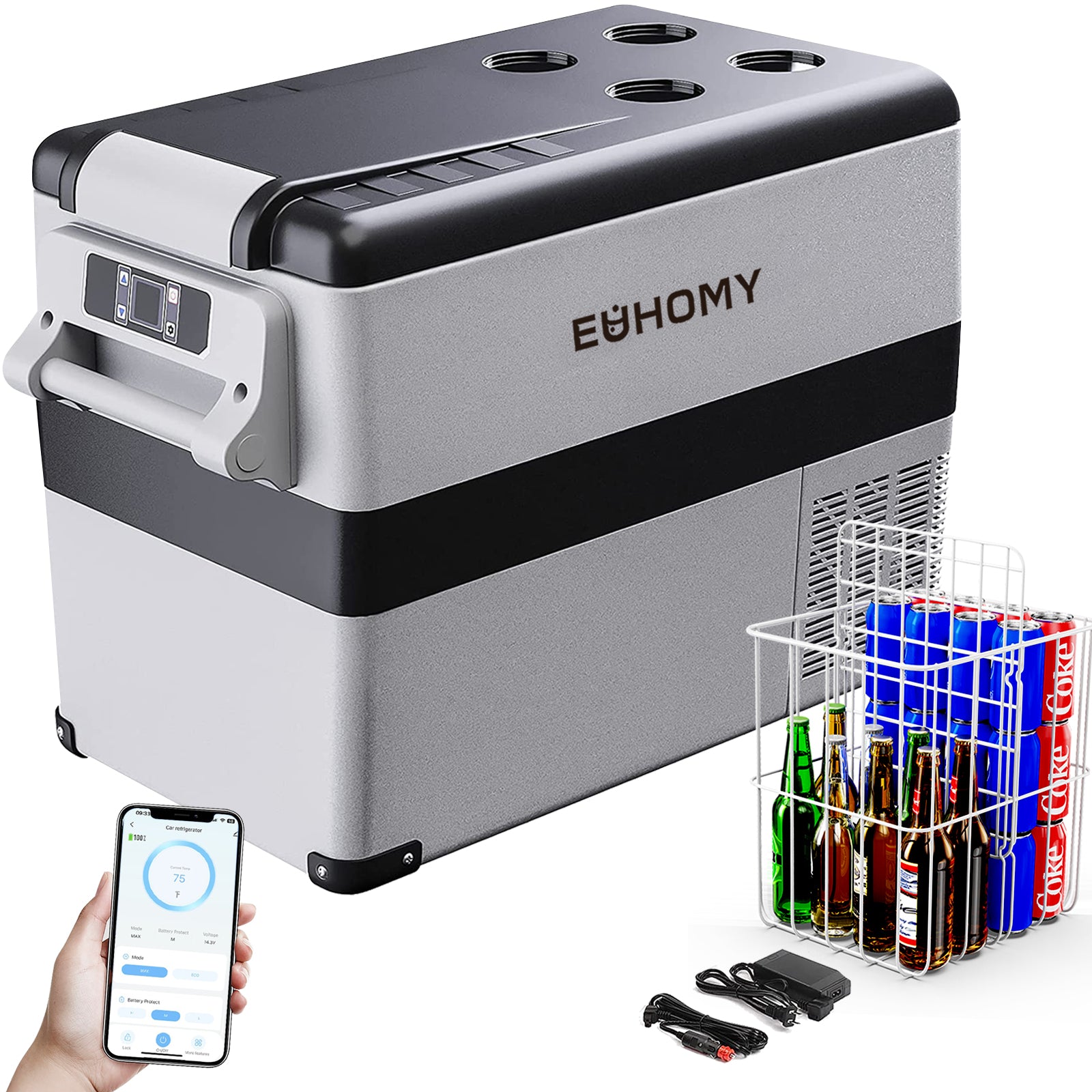 EUHOMY gray 48-59 Quart portable car refrigerator with dual storage, app control, and visible contents.