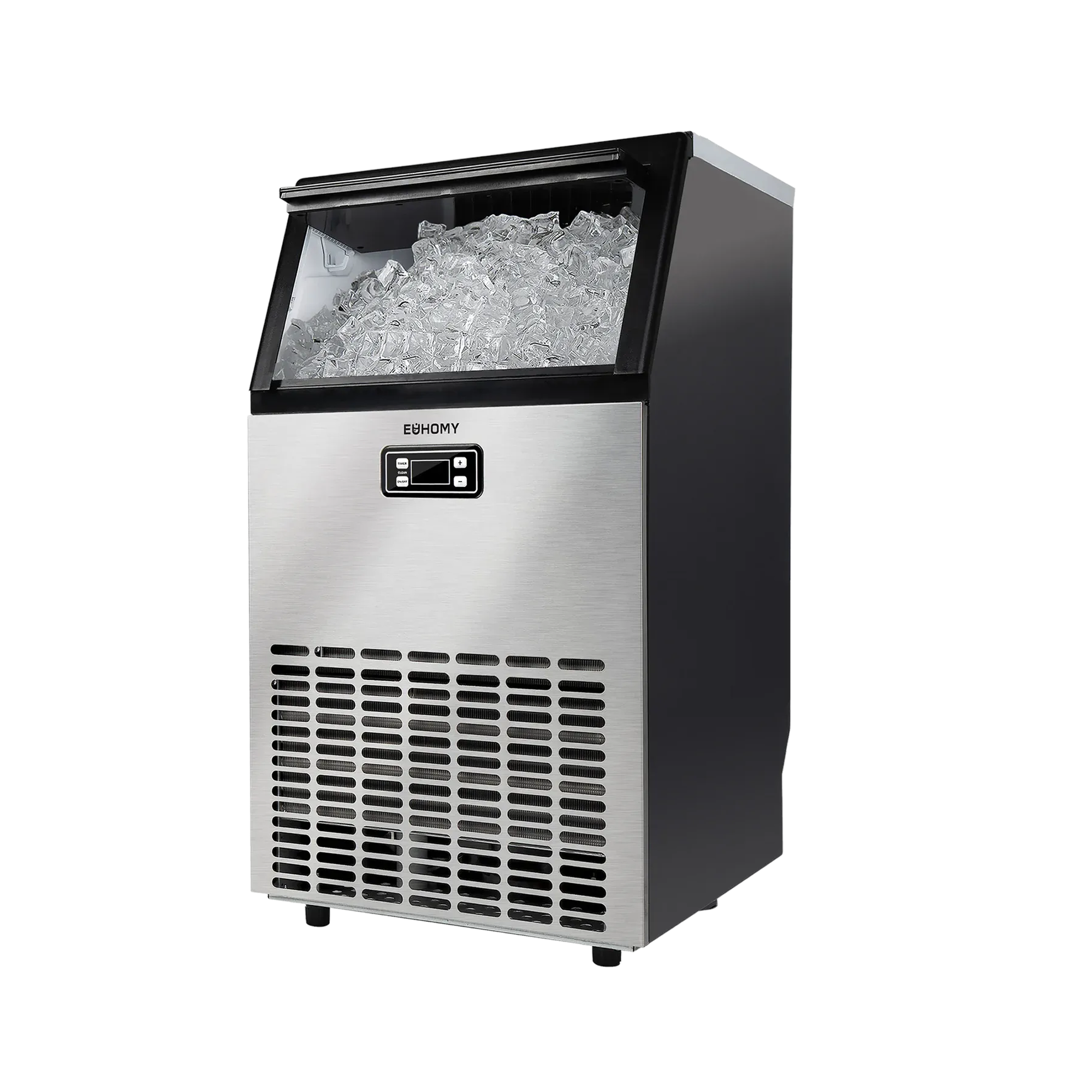 Euhomy Lucid M1 Cube Commercial Ice Maker with full ice bin and digital control panel.