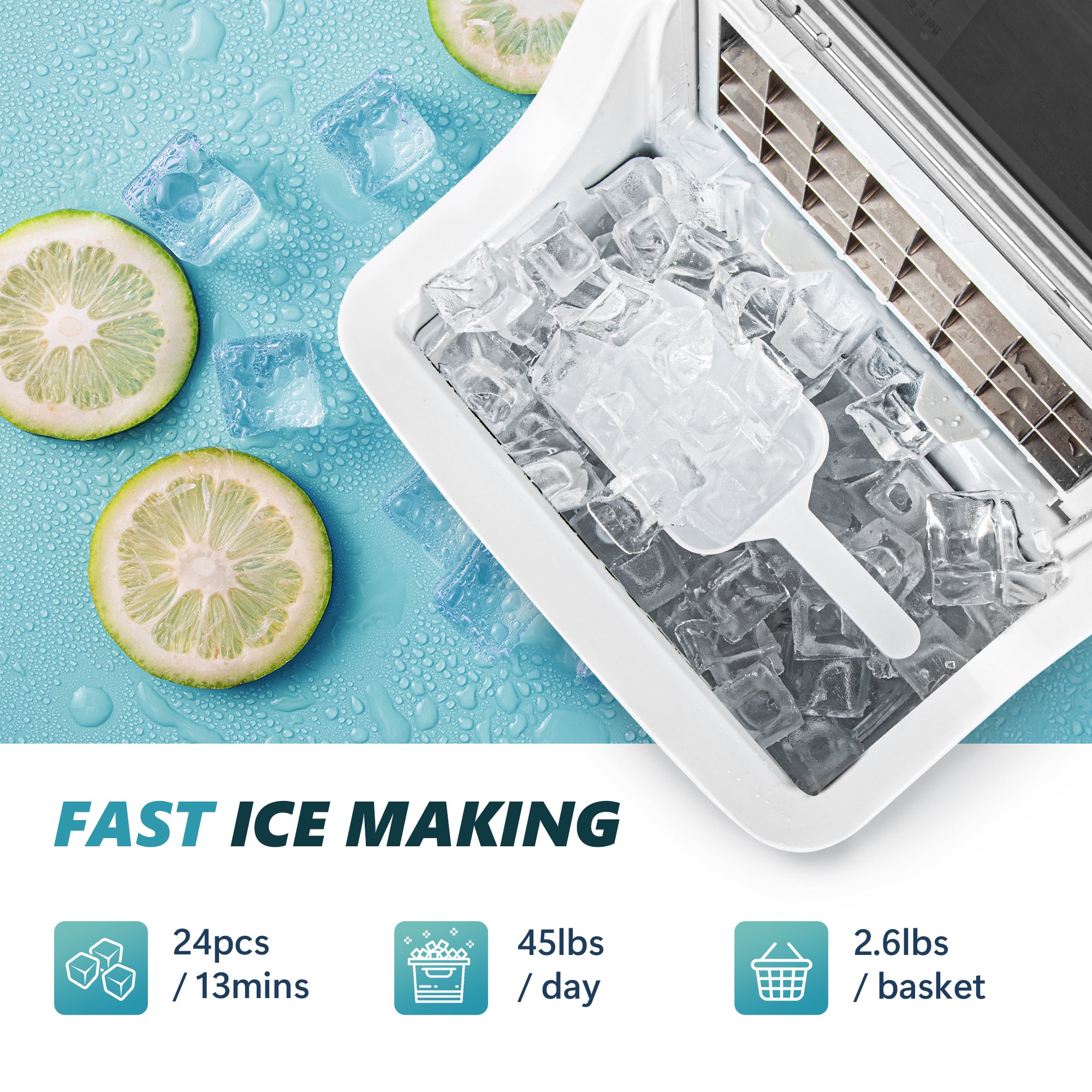 Euhomy ice maker with full basket of cubes, lime slices, and text 'FAST ICE MAKING', '24pcs/13mins', '45lbs/day', '2.6lbs/basket'.