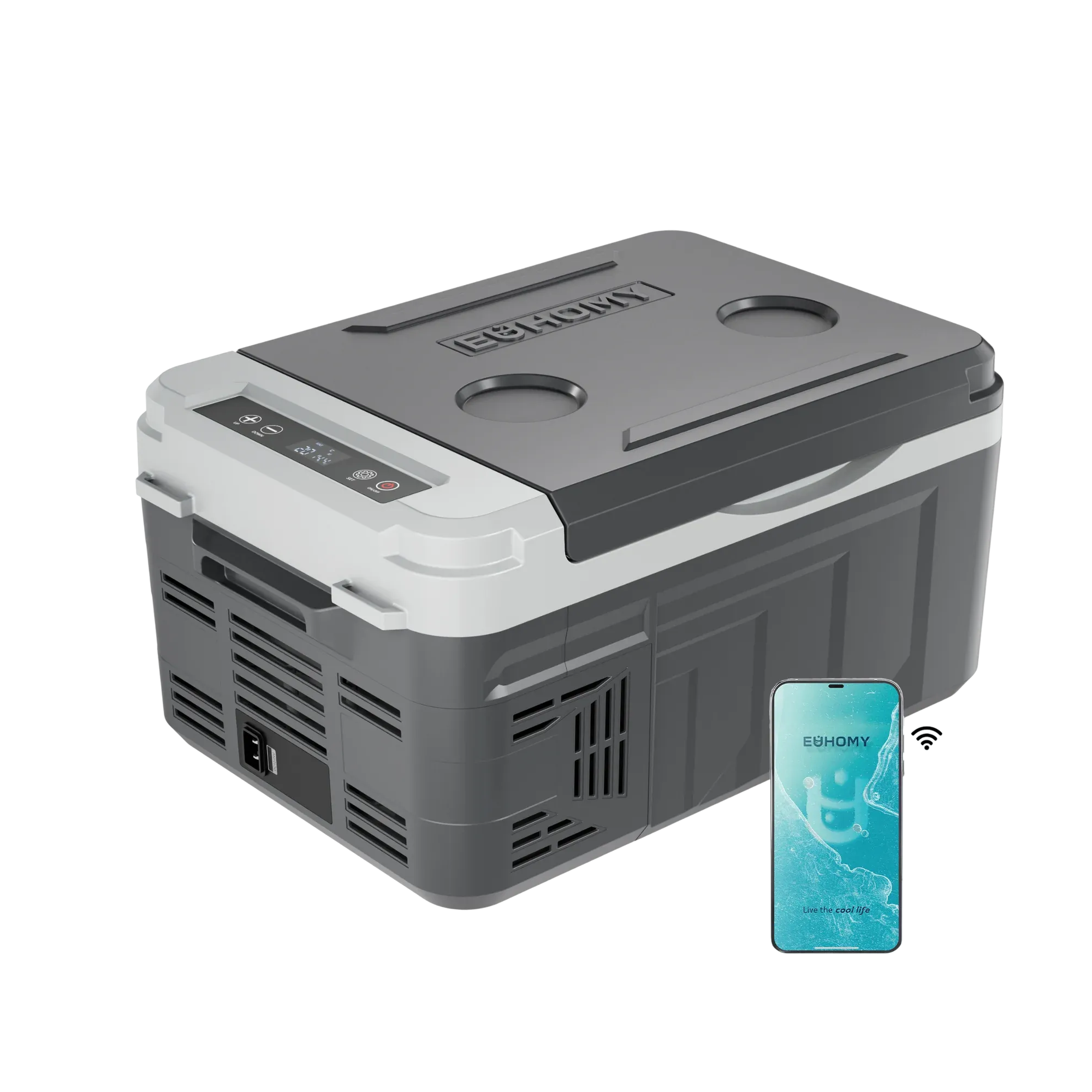 EUHOMY 10L portable car refrigerator, brown & gray, with LCD panel and smartphone app control for camping and travel.