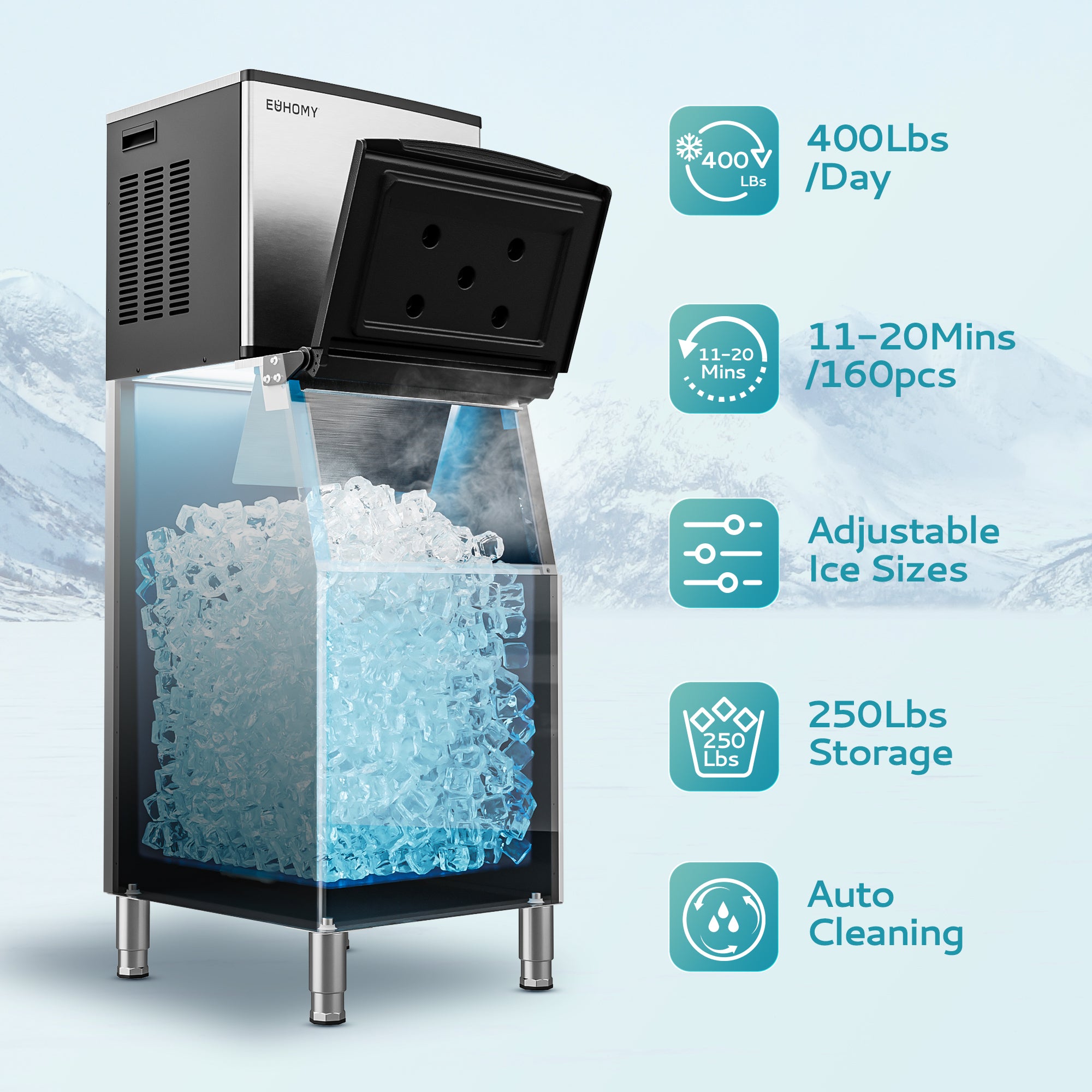 Euhomy commercial ice maker with 400 lbs/day capacity, adjustable ice sizes, and auto cleaning