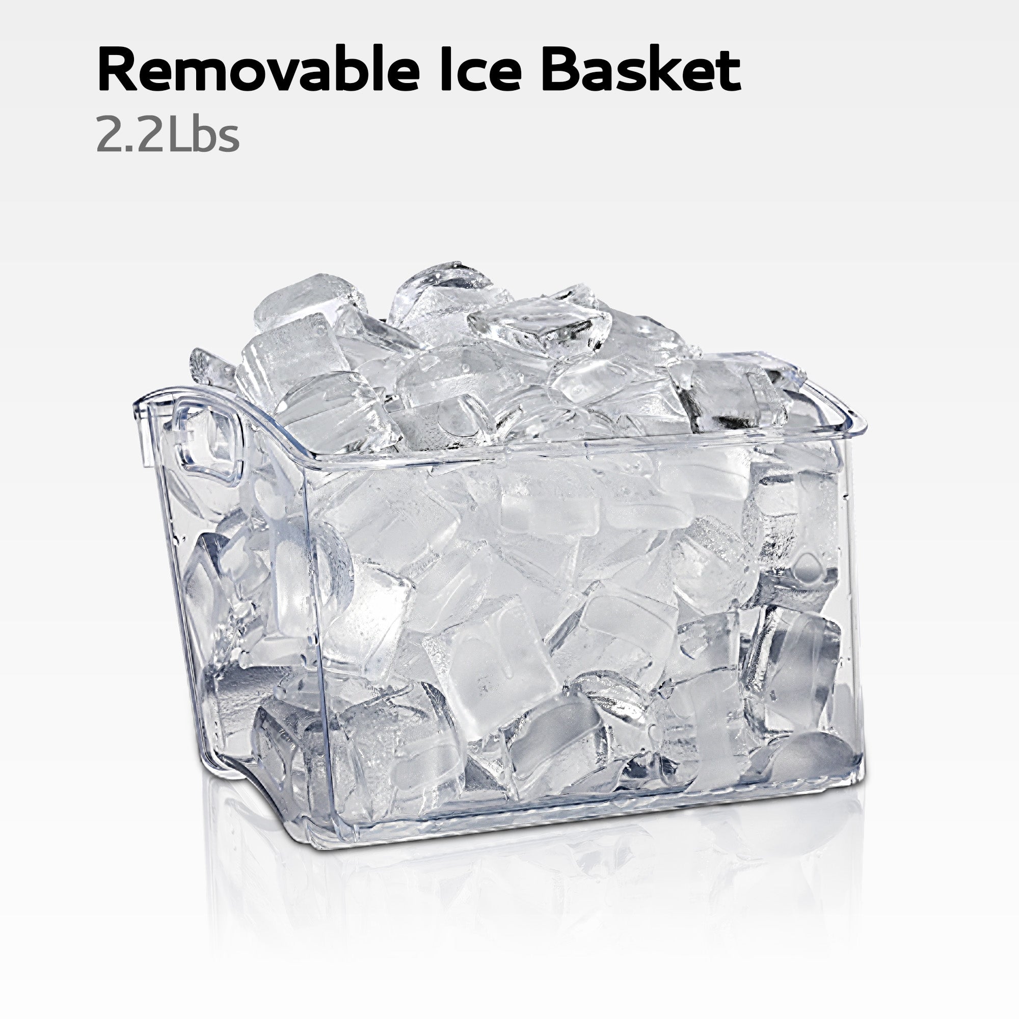 Removable clear ice basket holds 2.2 lbs of ice for Euhomy Luna Pro ice maker