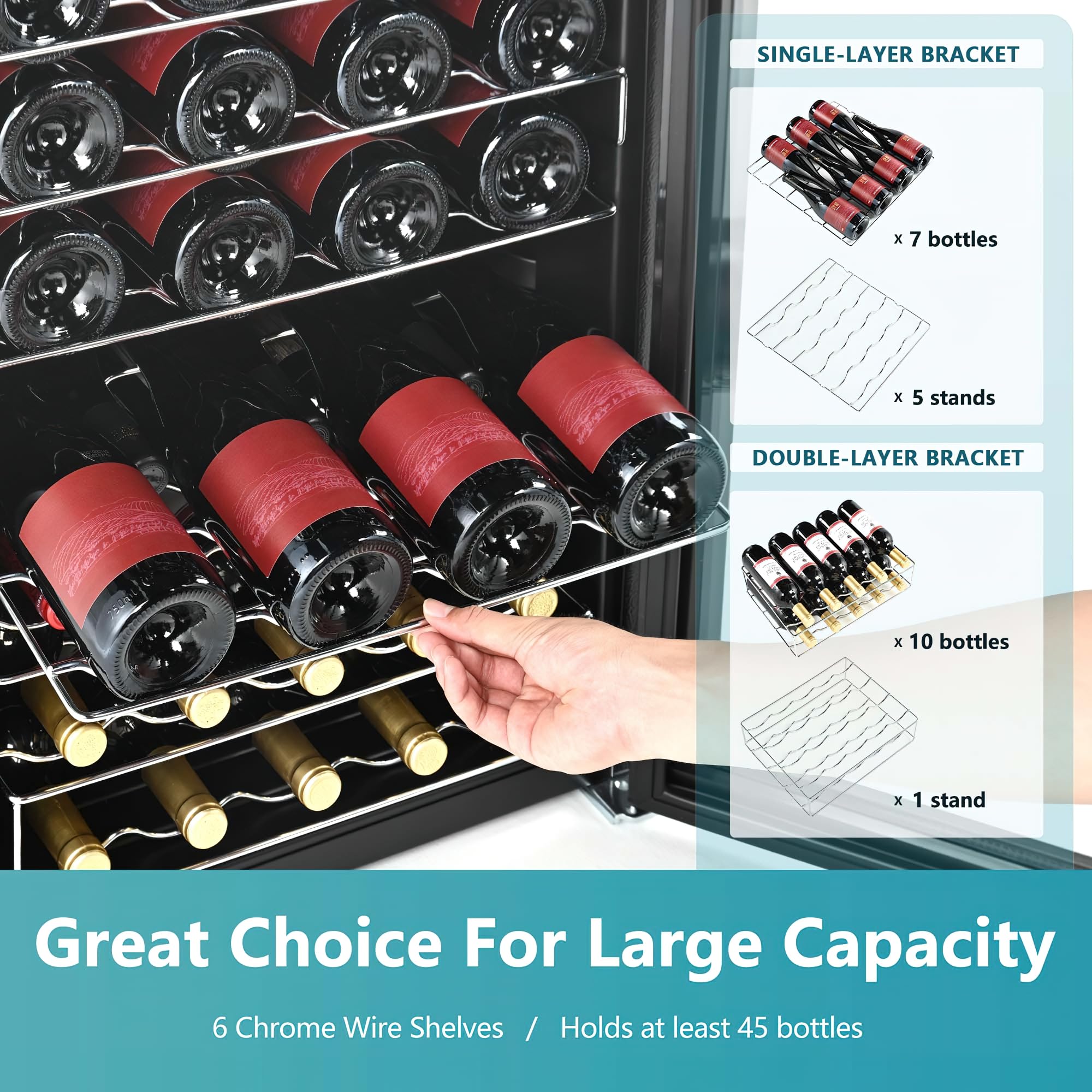 Euhomy wine cooler interior with bottles on chrome shelves. Shows bracket options holding 7 or 10 bottles.