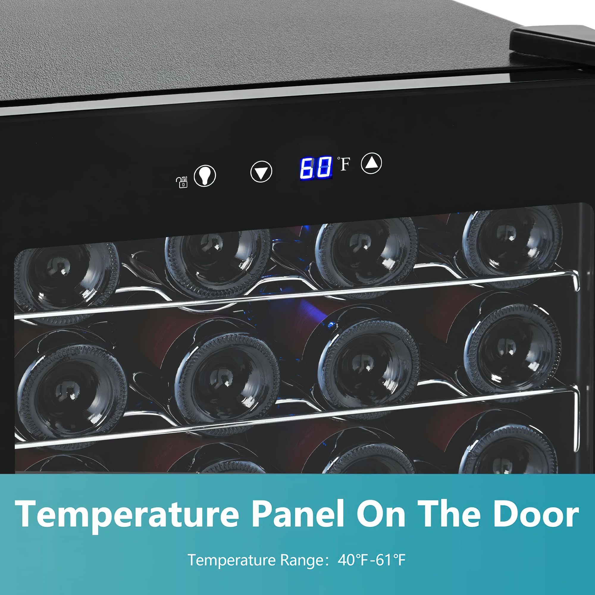Euhomy Still Max beverage and wine cooler temperature panel shows 60°F with adjustable shelves holding dark wine bottles.