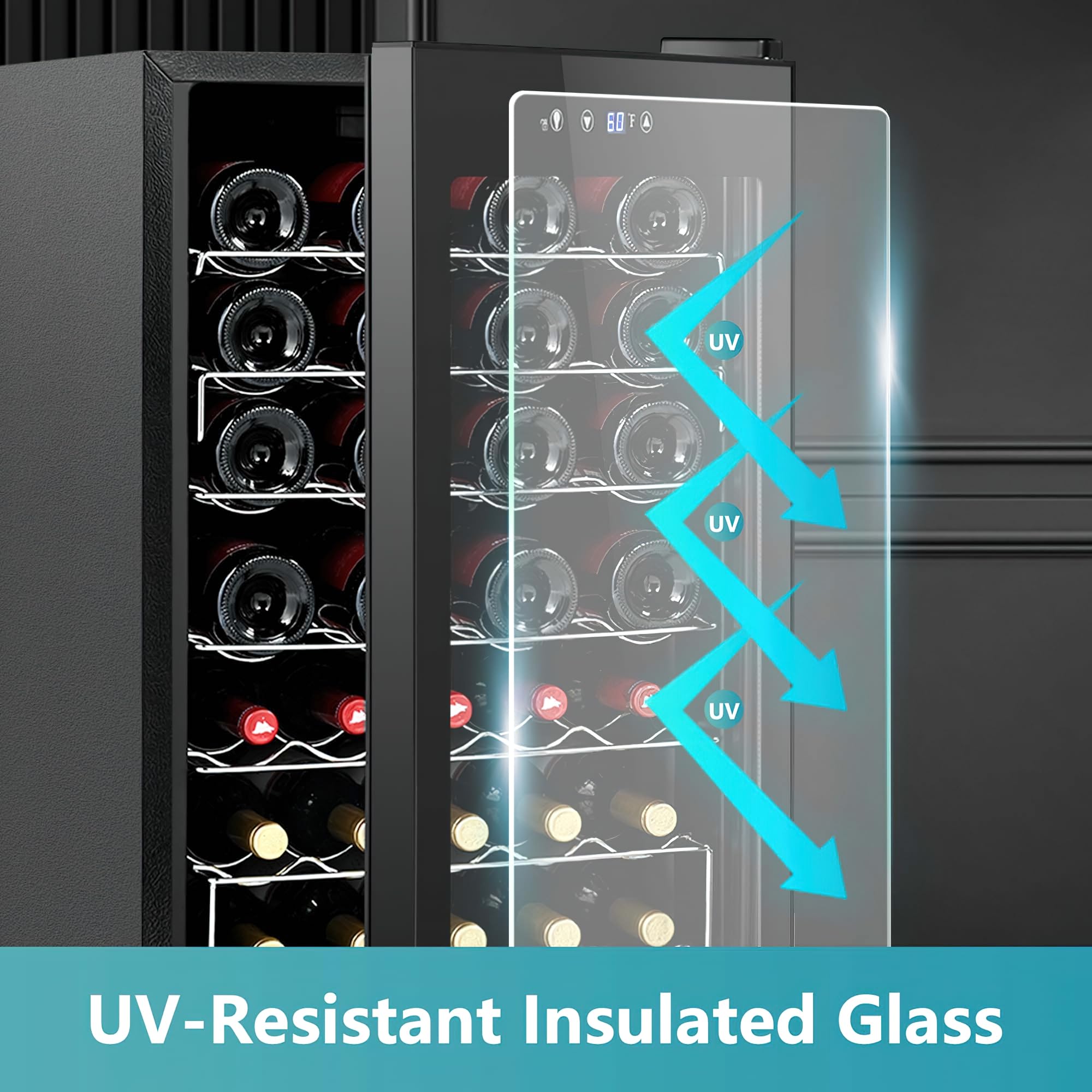 Euhomy wine cooler with UV-resistant insulated glass, holding multiple bottles.