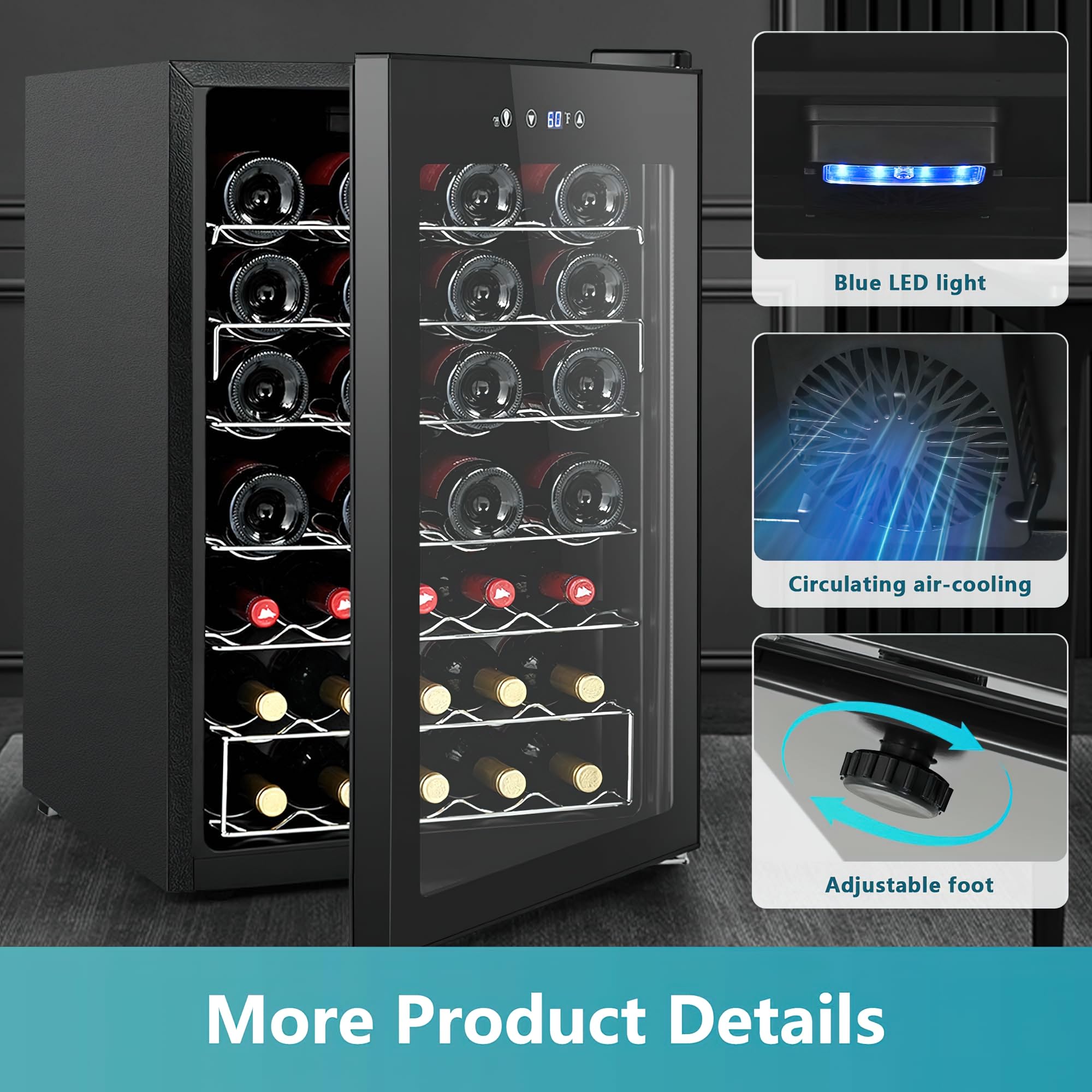 Euhomy wine cooler showcasing bottles, blue LED light, air cooling, and adjustable feet.