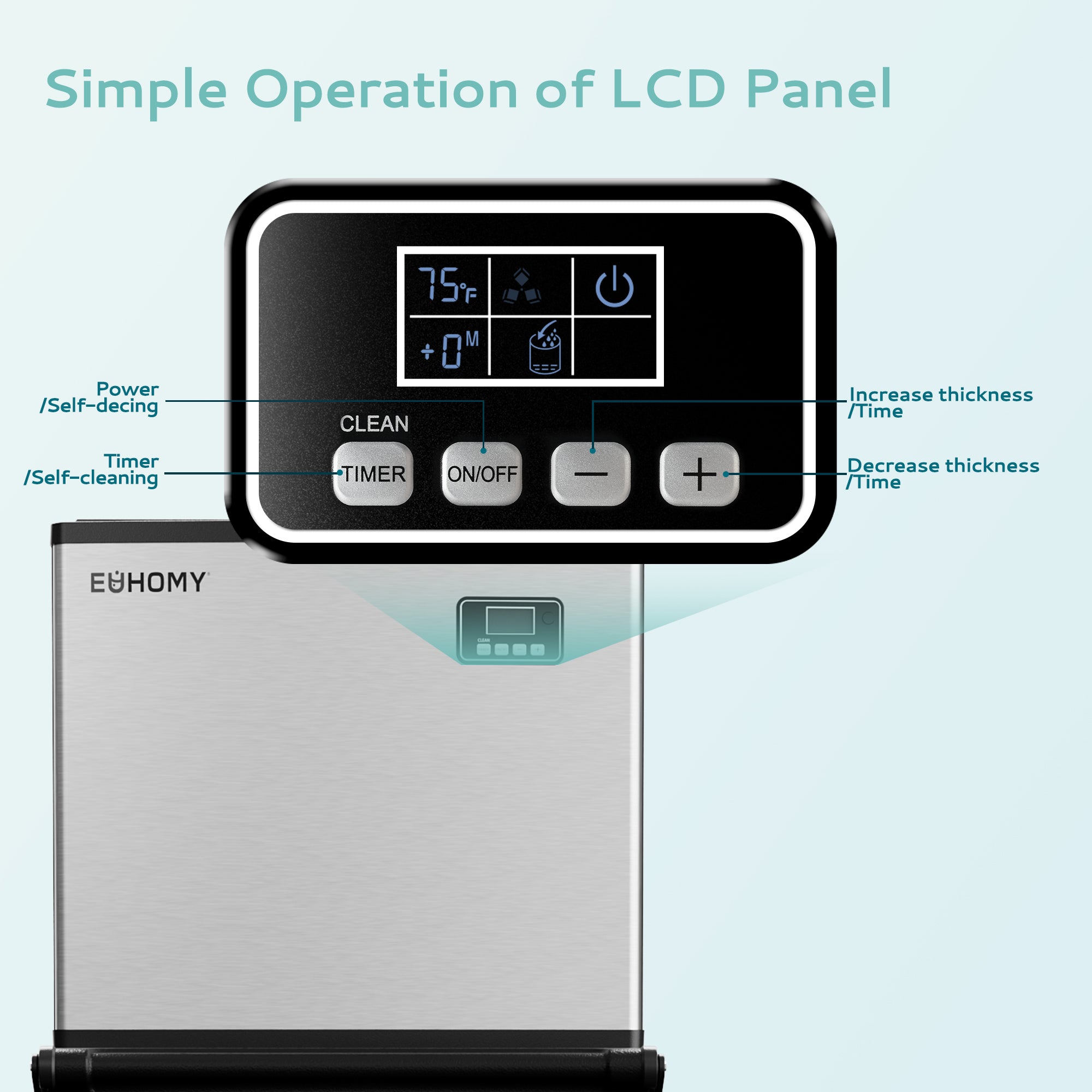 Euhomy commercial ice maker LCD control panel with timer, self-cleaning, and thickness adjustment buttons