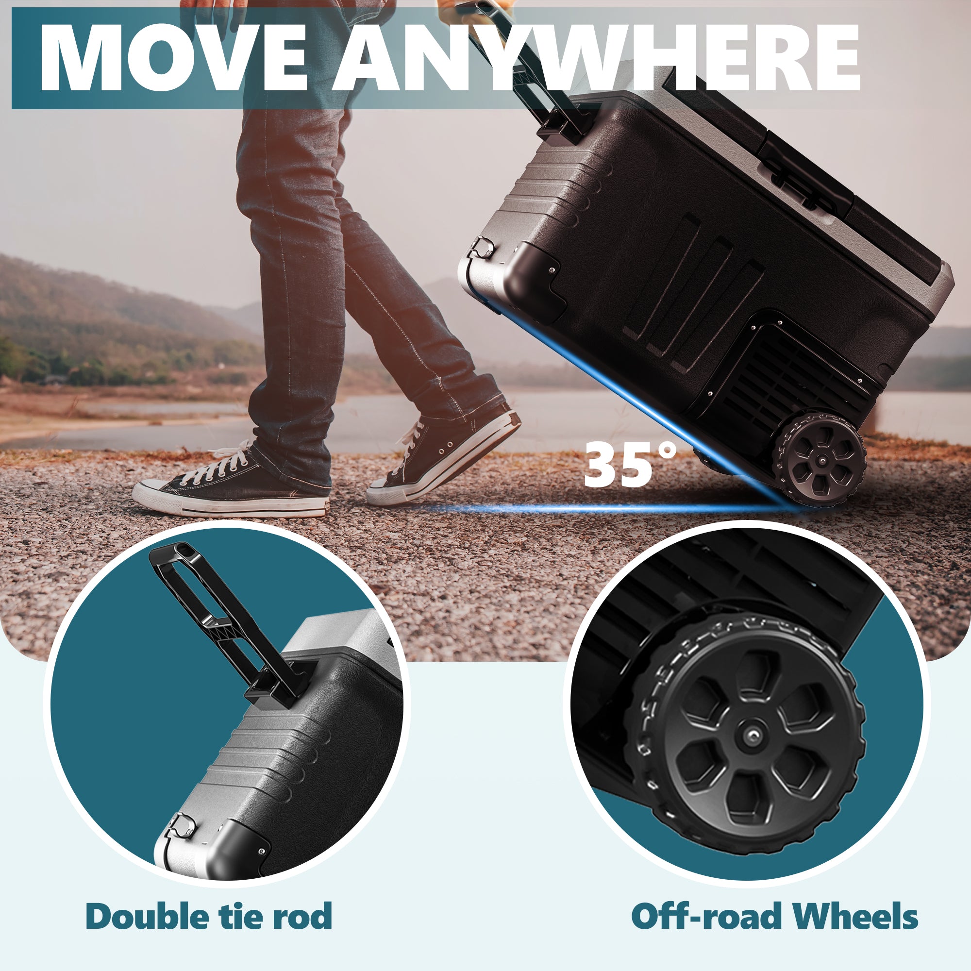 Black Euhomy 53 Quart portable car refrigerator with wheels, designed for outdoor use and easy transport.