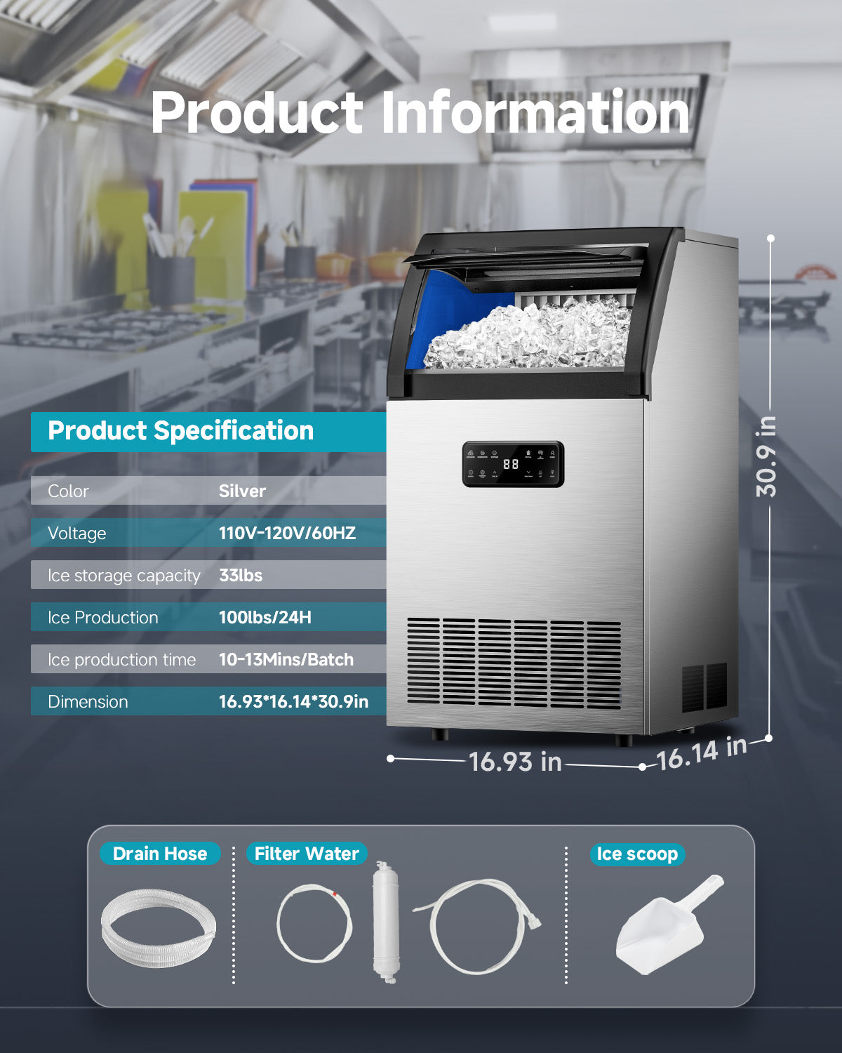 Euhomy 100lbs/24H stainless steel ice maker with touchscreen, water filter, drain hose. Commercial kitchen ready.
