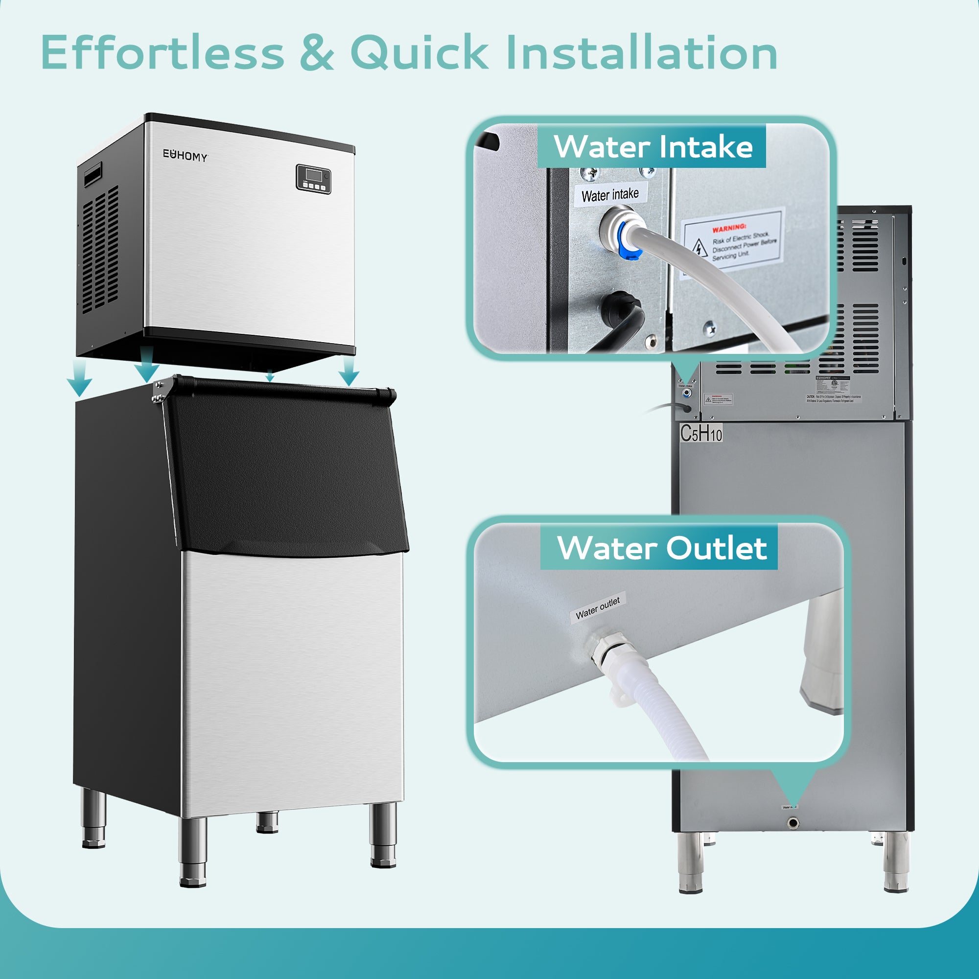 Euhomy commercial ice maker with water intake and outlet for quick installation