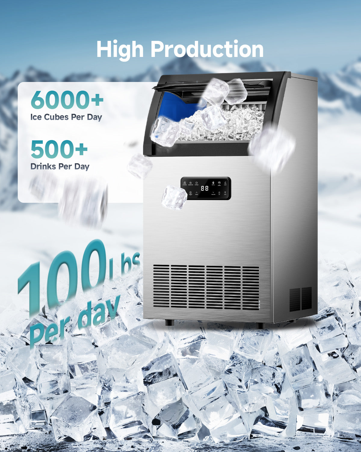 Euhomy commercial stainless steel ice maker showing high production of 100 lbs/day and over 6000 ice cubes.