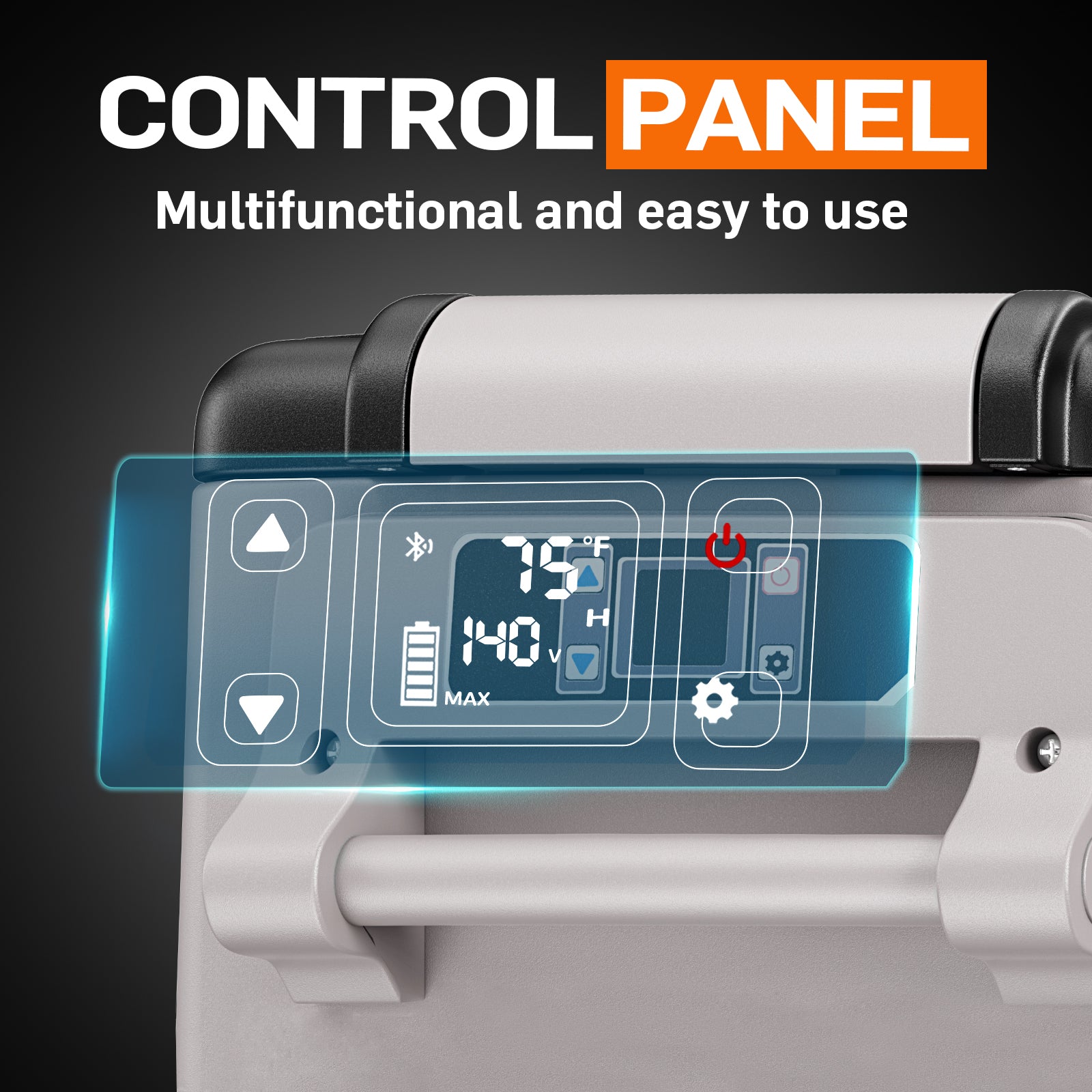 Euhomy portable car refrigerator control panel displaying temperature, battery status, and Bluetooth connection.