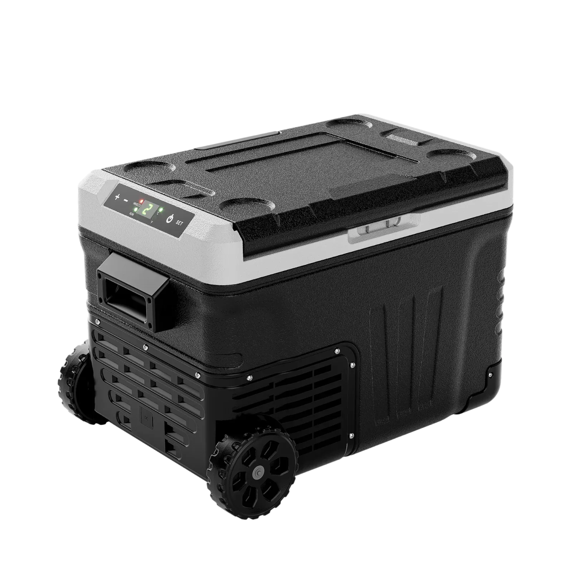 Black Euhomy 12 Volt Car Refrigerator, 53 Quart, frost free, portable, with digital display and wheels.