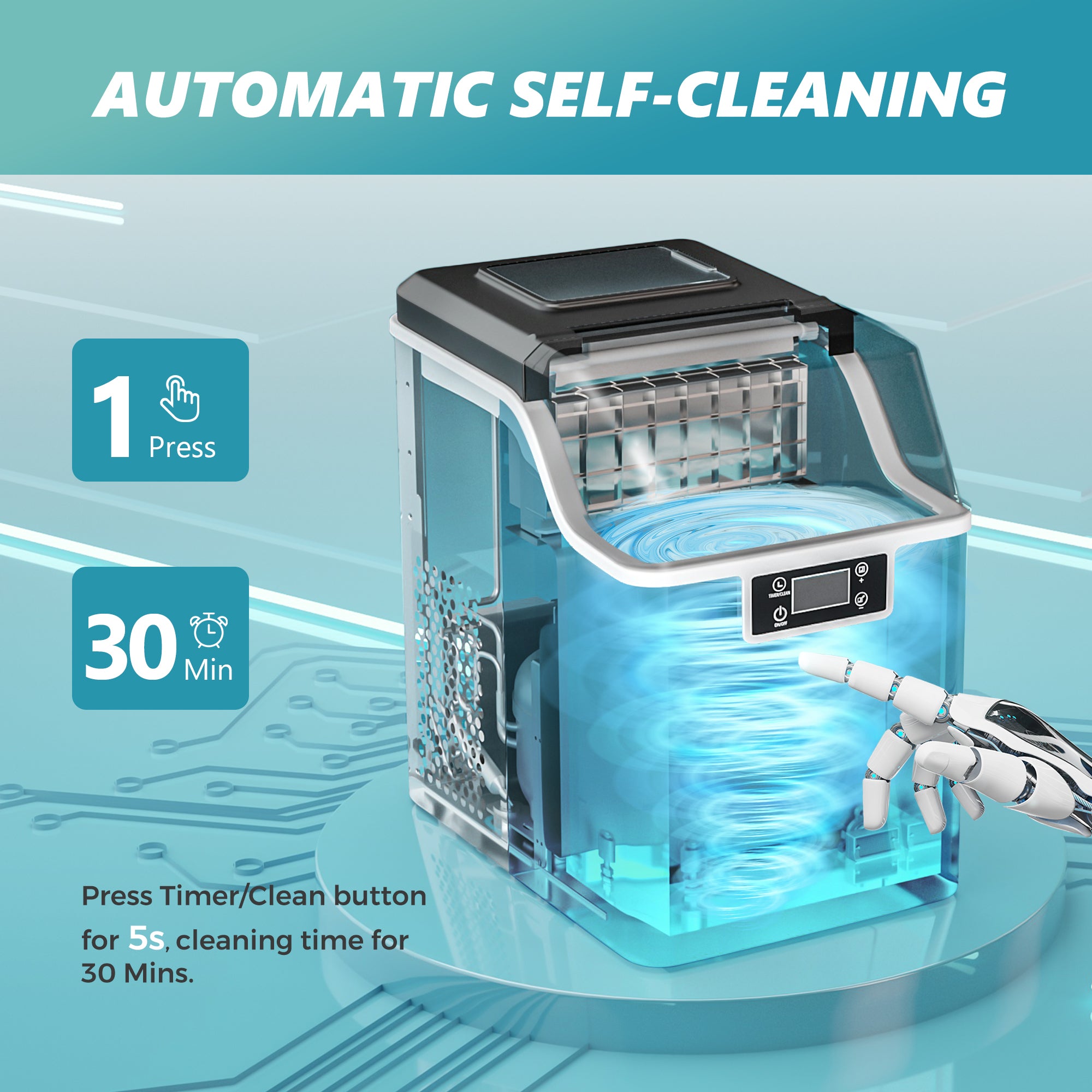 Euhomy Tile Plus ice maker with automatic self-cleaning feature, showing 1-press to start and 30-minute cleaning cycle.